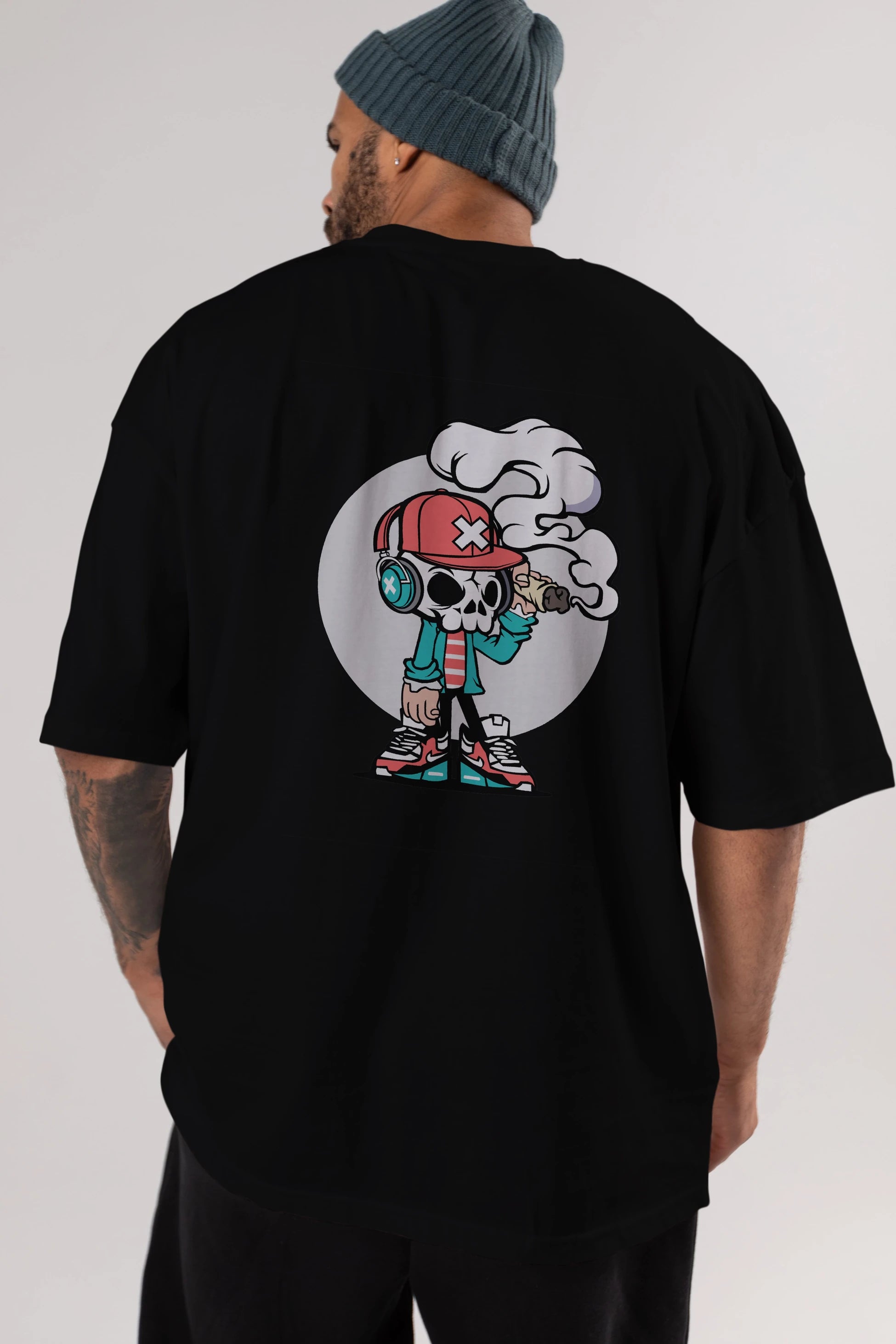 Skull Headphone Arka Baskılı Oversize t-shirt Erkek Kadın Unisex %100 Pamuk tişort