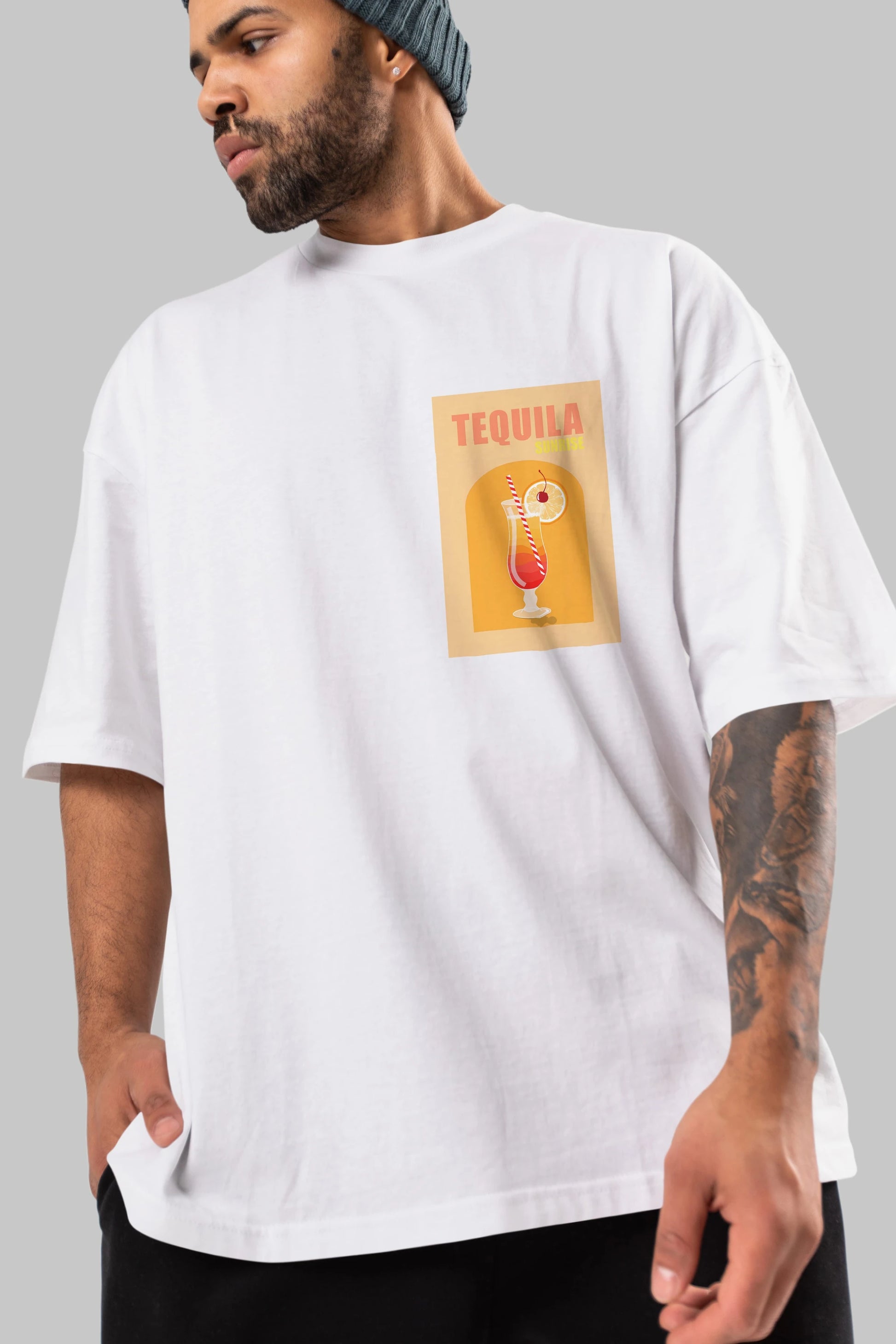 Tequila Sunrise Ön Sol Baskılı Oversize t-shirt Erkek Kadın Unisex %100 Pamuk Bisiklet Yaka tişort