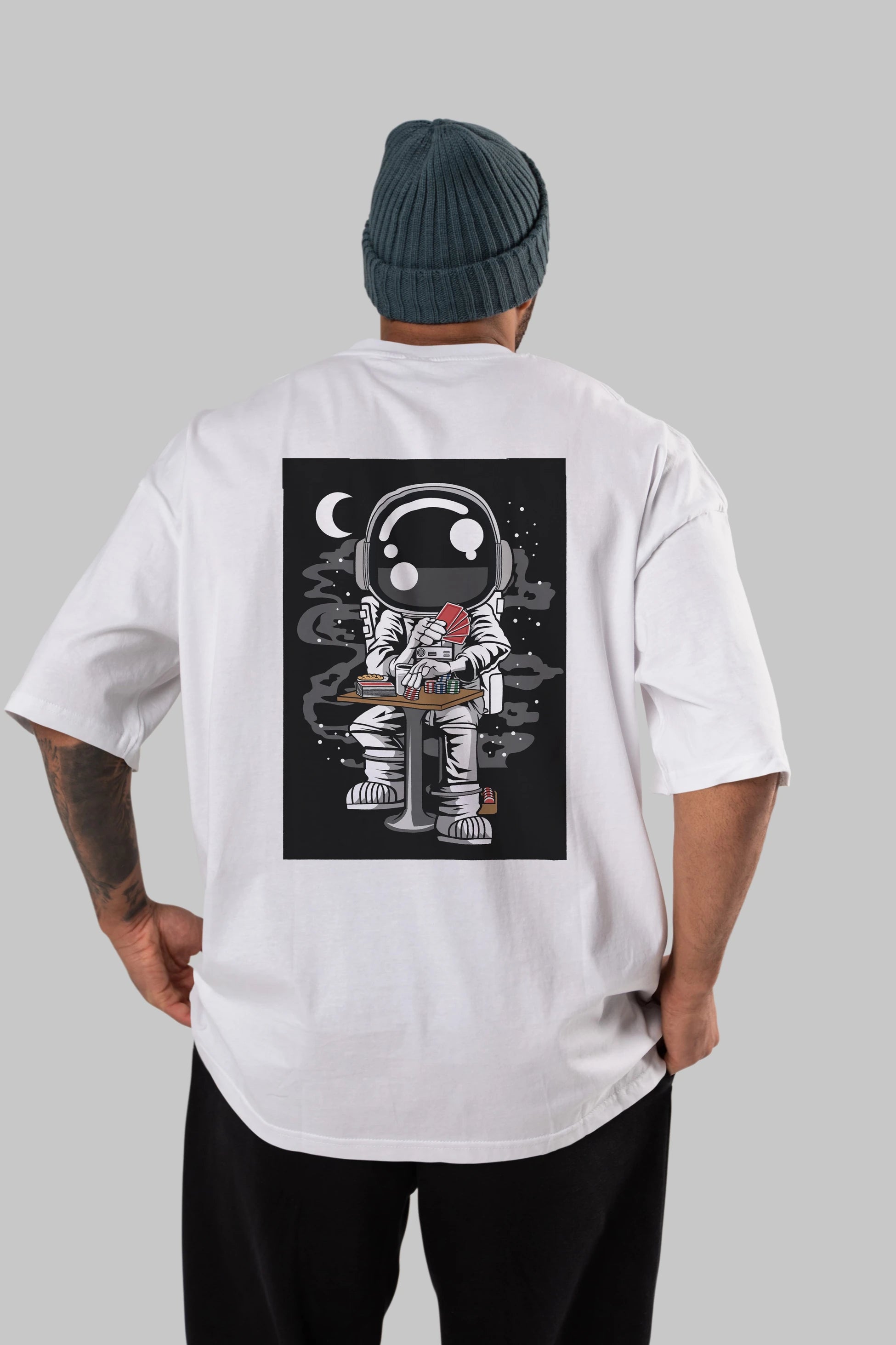 Astronaut Gambler Arka Baskılı Oversize t-shirt Erkek Kadın Unisex