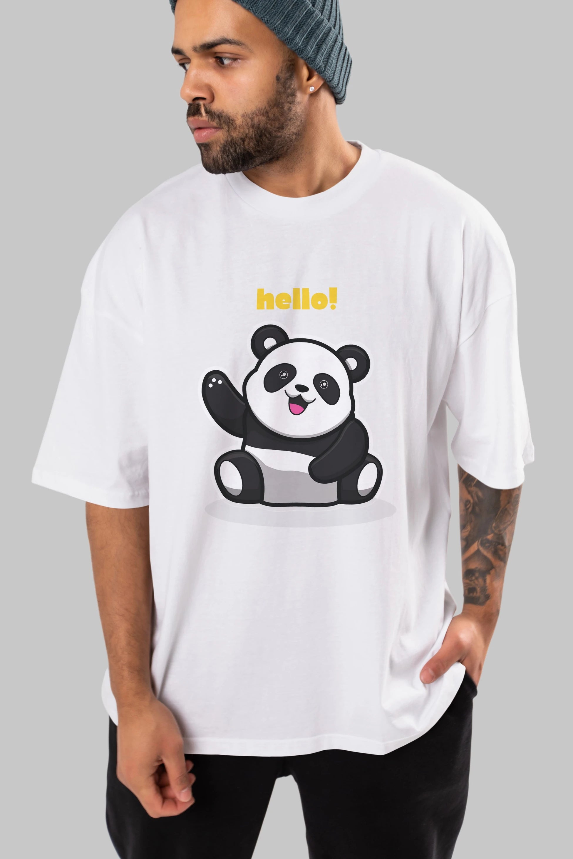 Hello Panda Ön Baskılı Oversize t-shirt Erkek Kadın Unisex