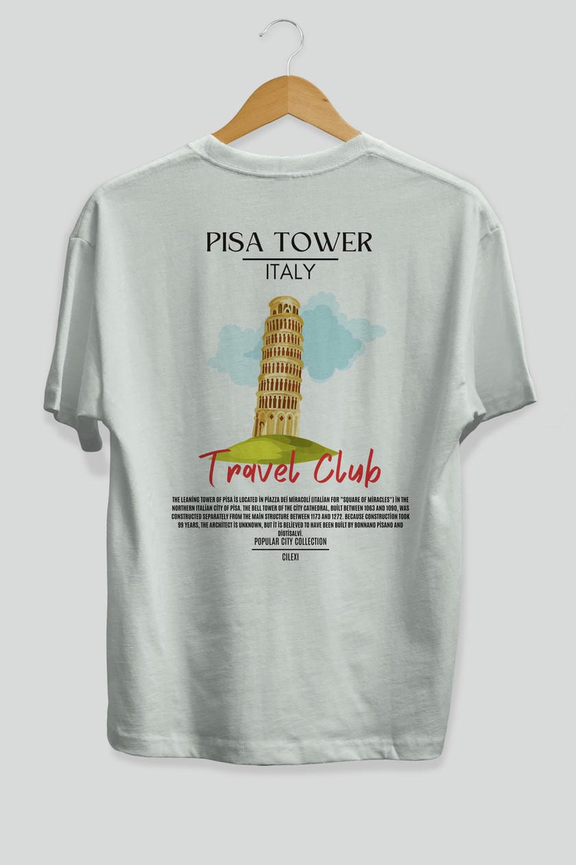 Pisa Tower İtaly Arka Baskılı Oversize t-shirt Erkek Kadın Pamuk Bisiklet Yaka tişort