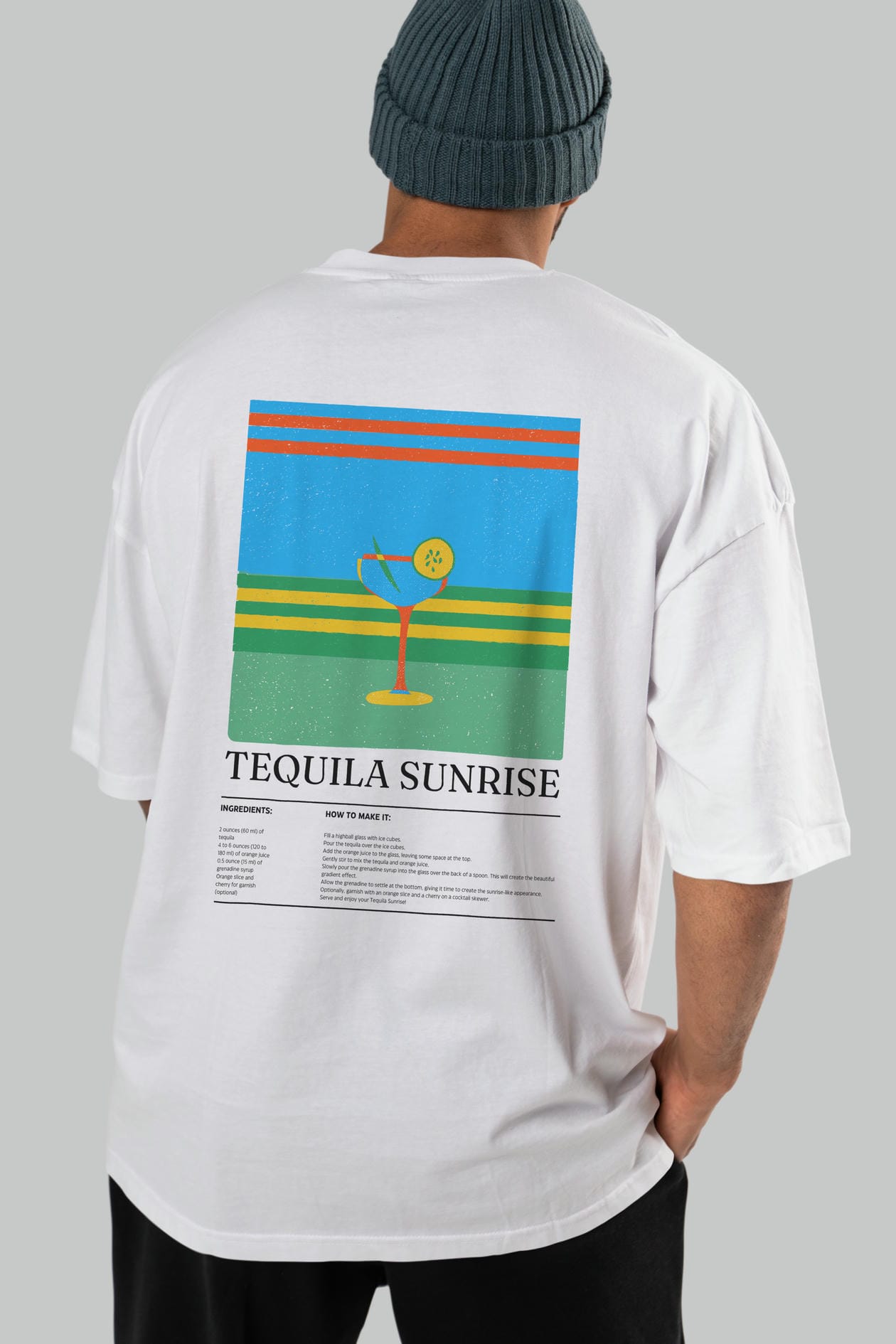 Tequila Sunrise Kokteyl Serisi Arka Baskılı Oversize t-shirt Erkek Kadın %100 Pamuk Bisiklet Yaka tişort