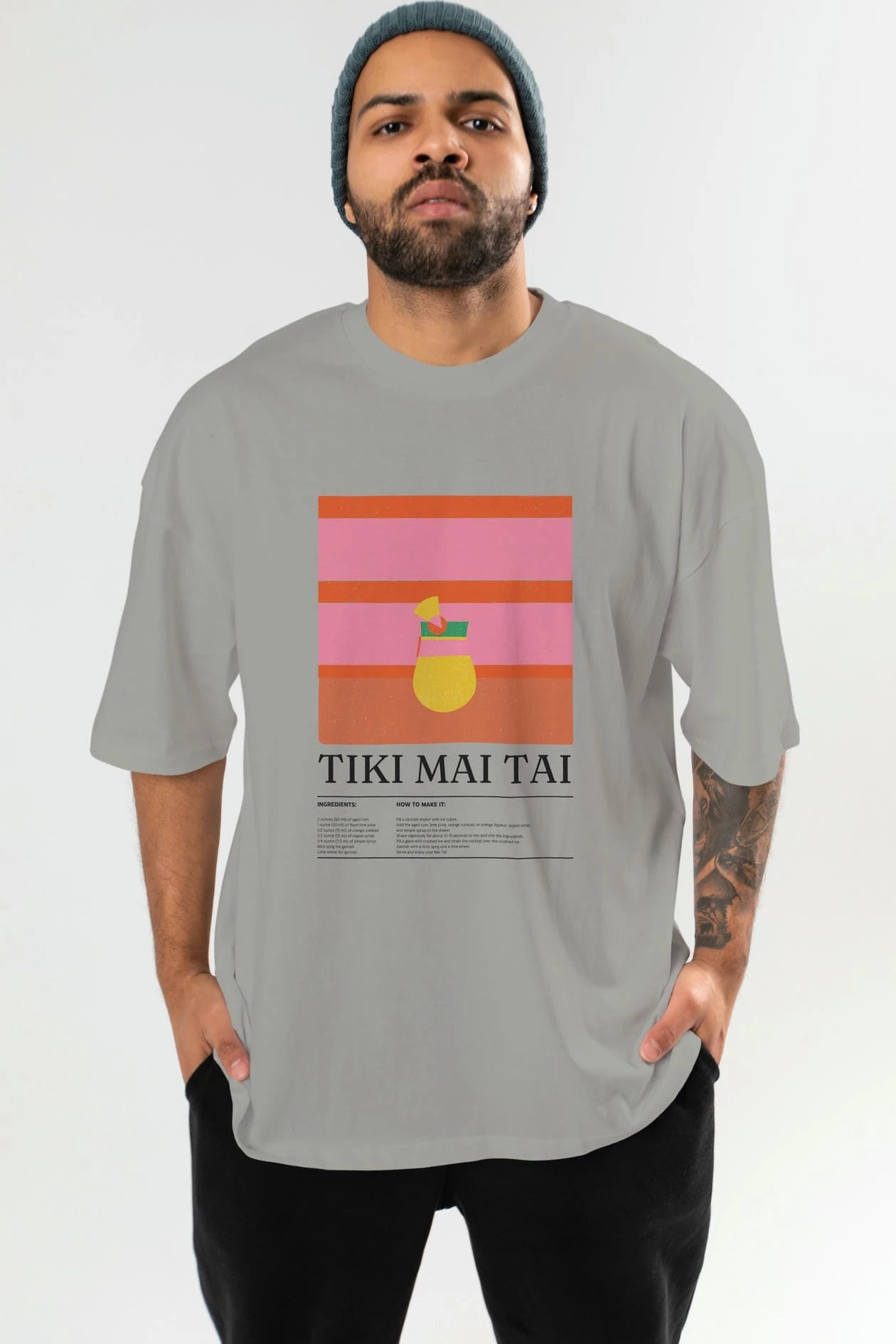 Tiki Mai Tai Kokteyl Ön Baskılı Oversize t-shirt Erkek Kadın %100 Pamuk Bisiklet Yaka tişort