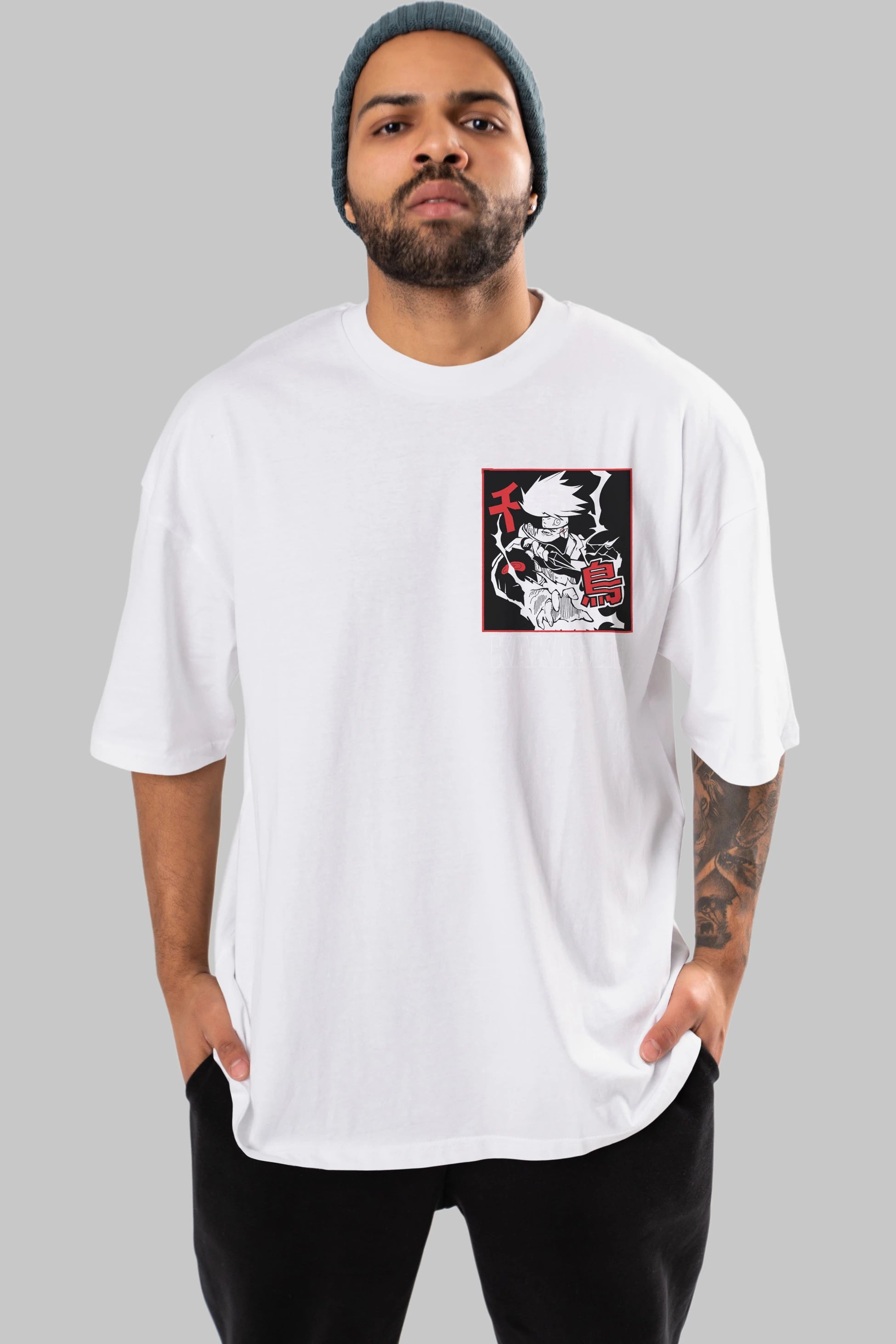 KAKASHI HATAKE NARUTO Ön Sol Baskılı Oversize t-shirt Erkek Kadın Unisex %100 Pamuk Bisiklet Yaka tişort