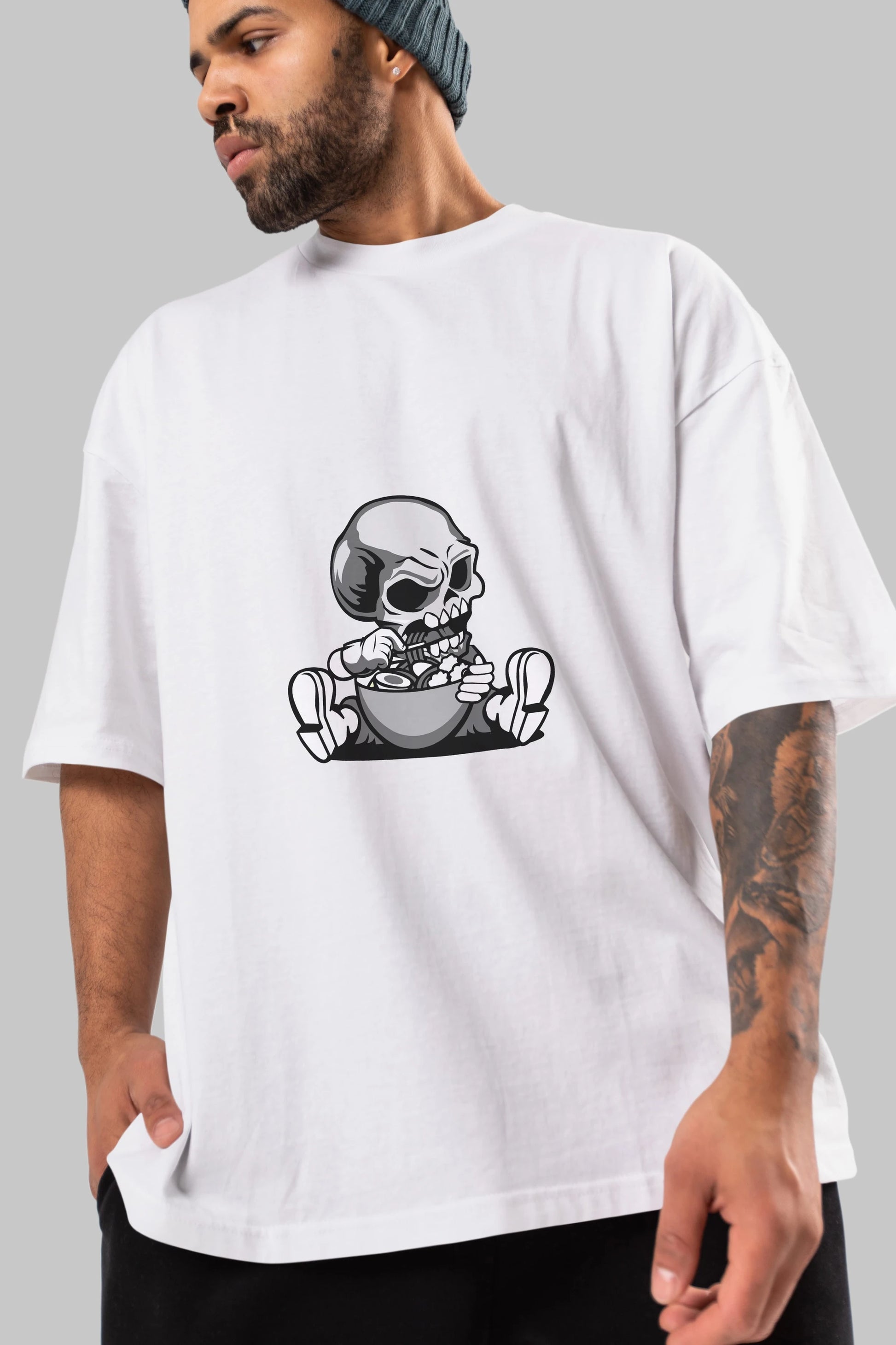 Skull Eat Ramen Ön Baskılı Oversize t-shirt Erkek Kadın Unisex %100 Pamuk tişort
