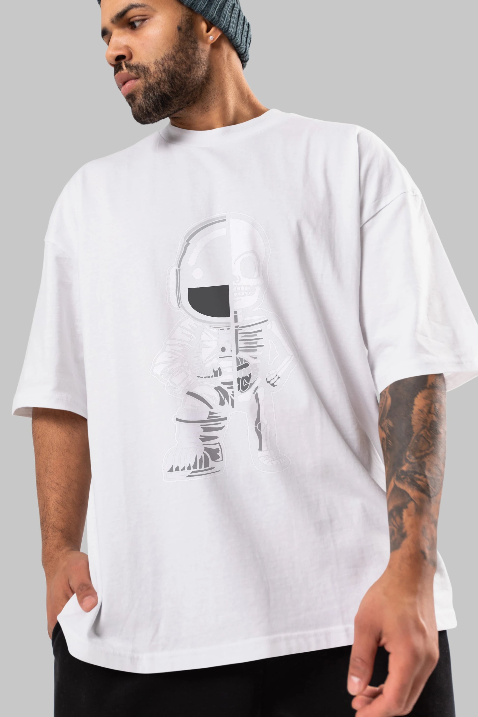 Astronaut Half Skeleton Ön Baskılı Oversize t-shirt Erkek Kadın Unisex