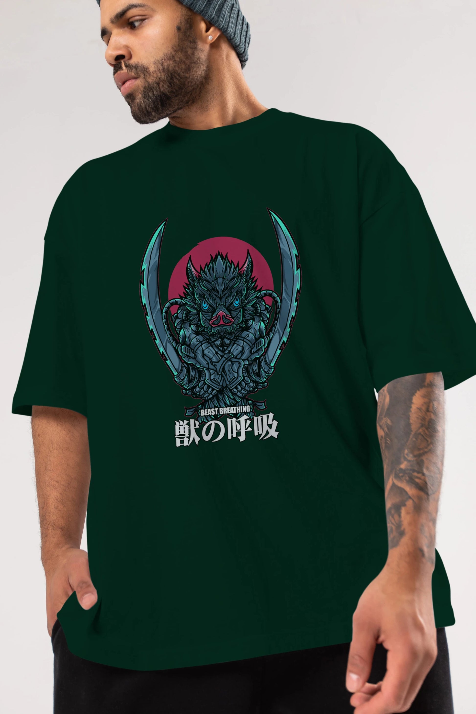 Inosuke DEMON SLAYER Anime Ön Baskılı Oversize t-shirt %100 pamuk Erkek Kadın Unisex
