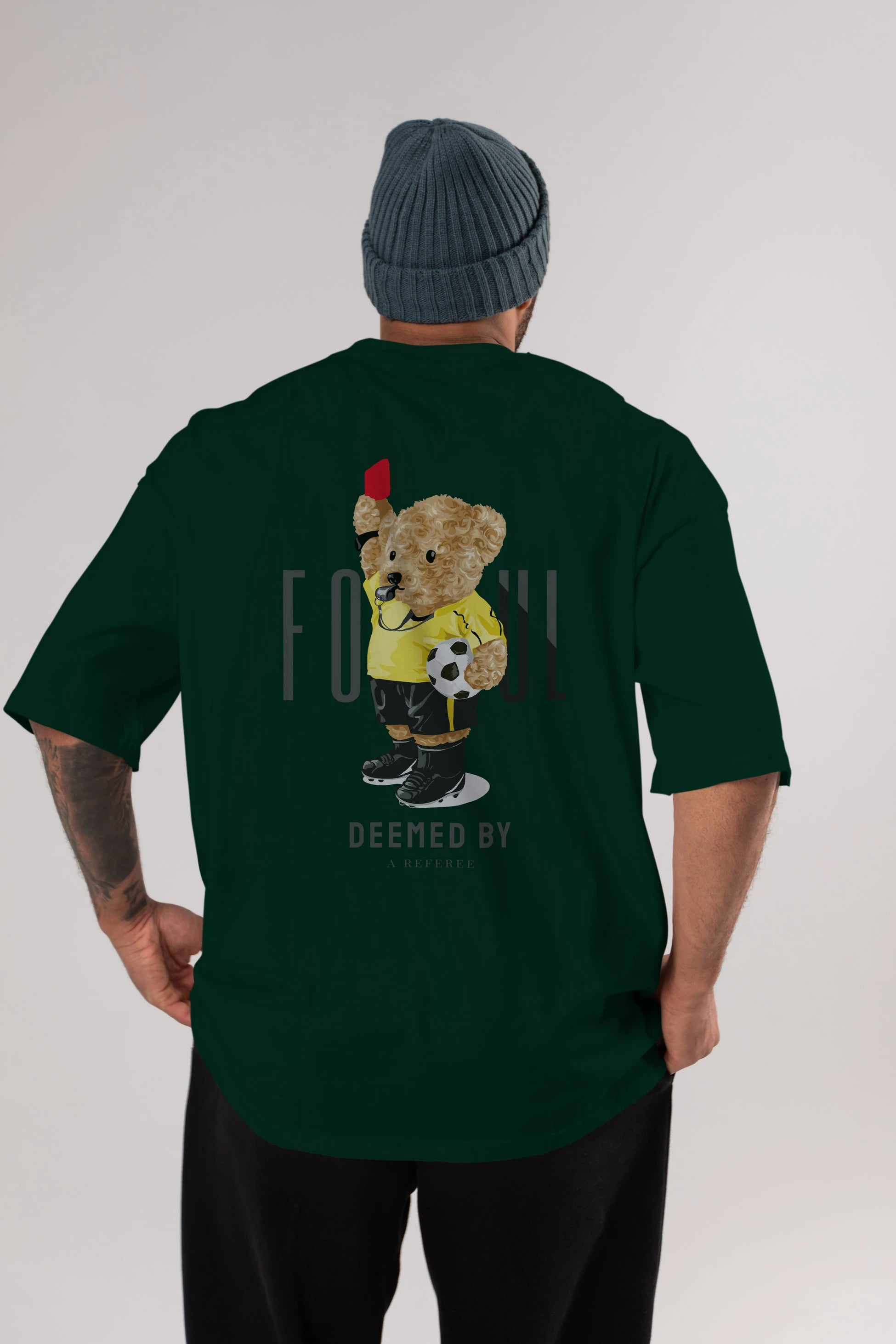 Teddy Bear Kırmızı Kart Arka Baskılı Oversize t-shirt Erkek Kadın Unisex %100 Pamuk