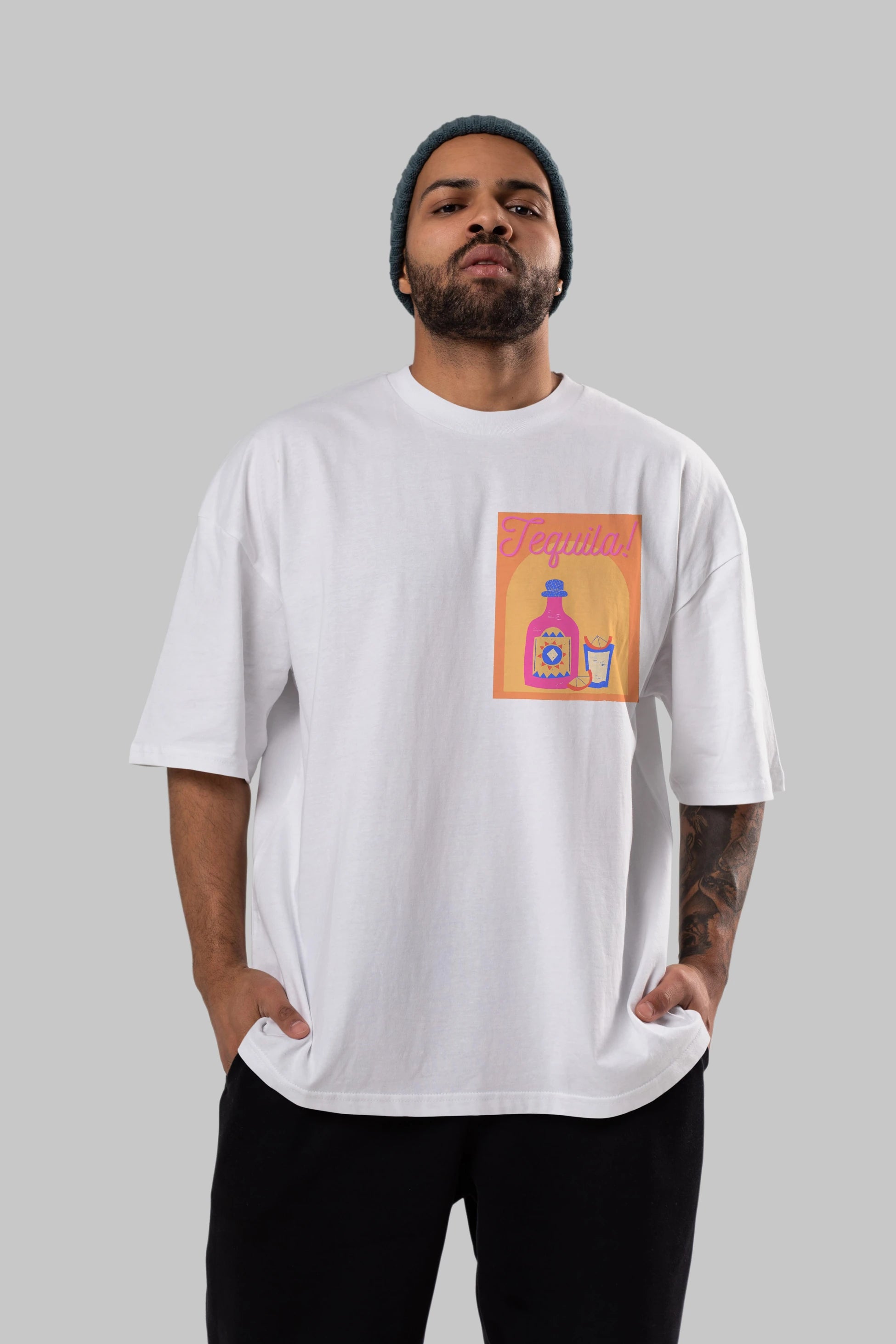 Tequila Ön Sol Baskılı Oversize t-shirt Erkek Kadın Unisex %100 Pamuk Bisiklet Yaka tişort