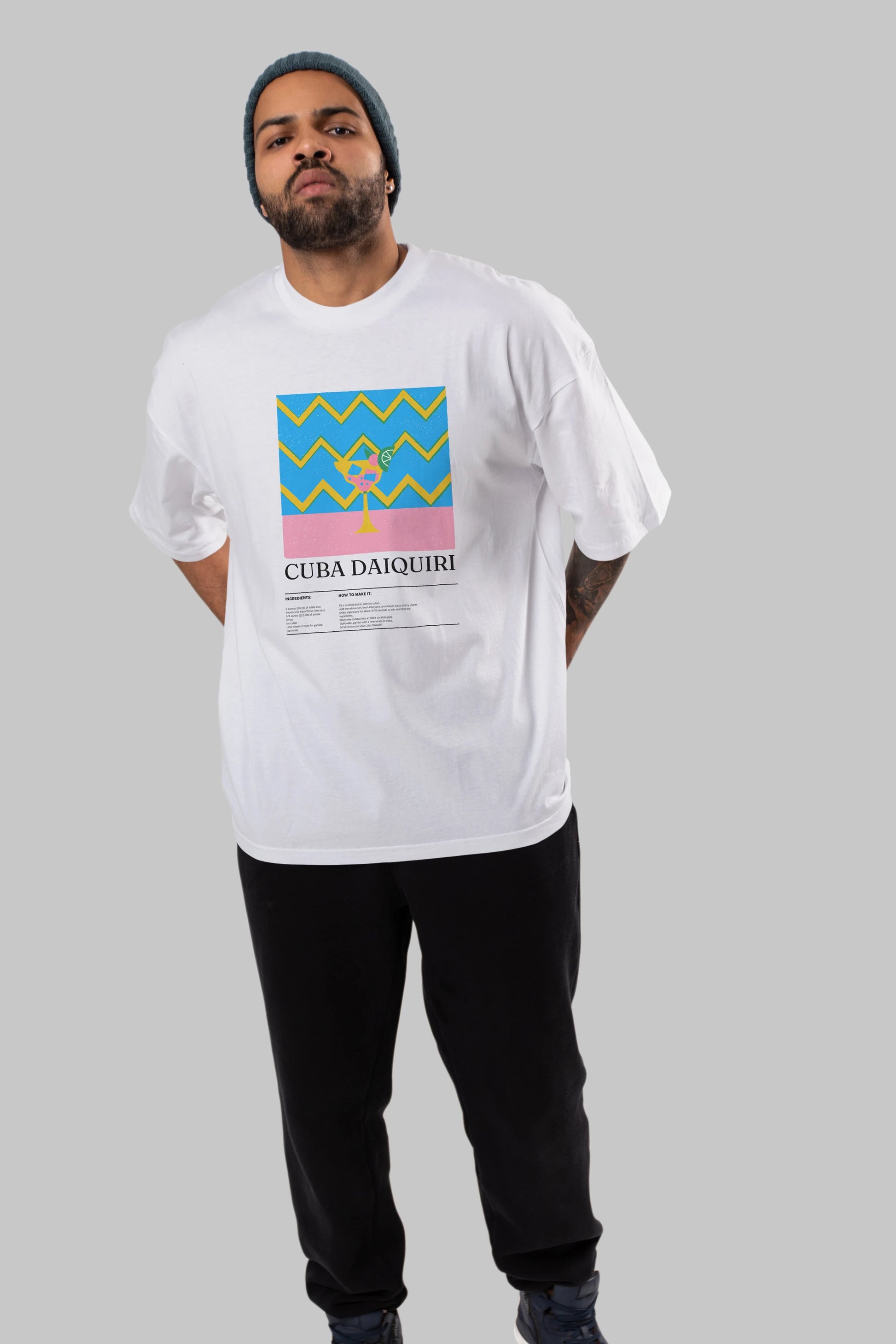 Cuba Daiquiri Kokteyl Ön Baskılı Oversize t-shirt Erkek Kadın %100 Pamuk Bisiklet Yaka tişort