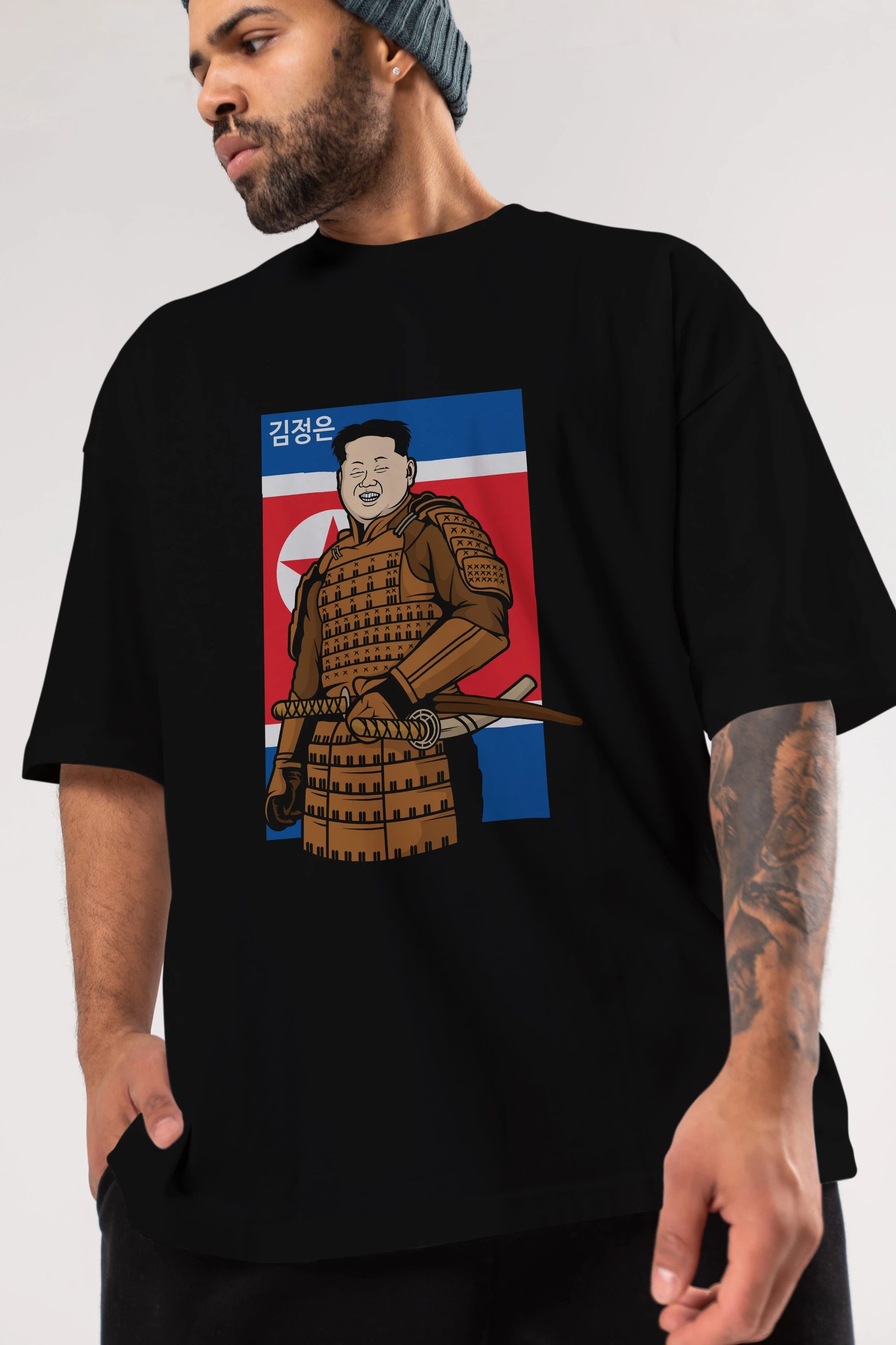 Samurai Jong Un Ön Baskılı Oversize t-shirt Erkek Kadın Unisex %100 Pamuk tişort