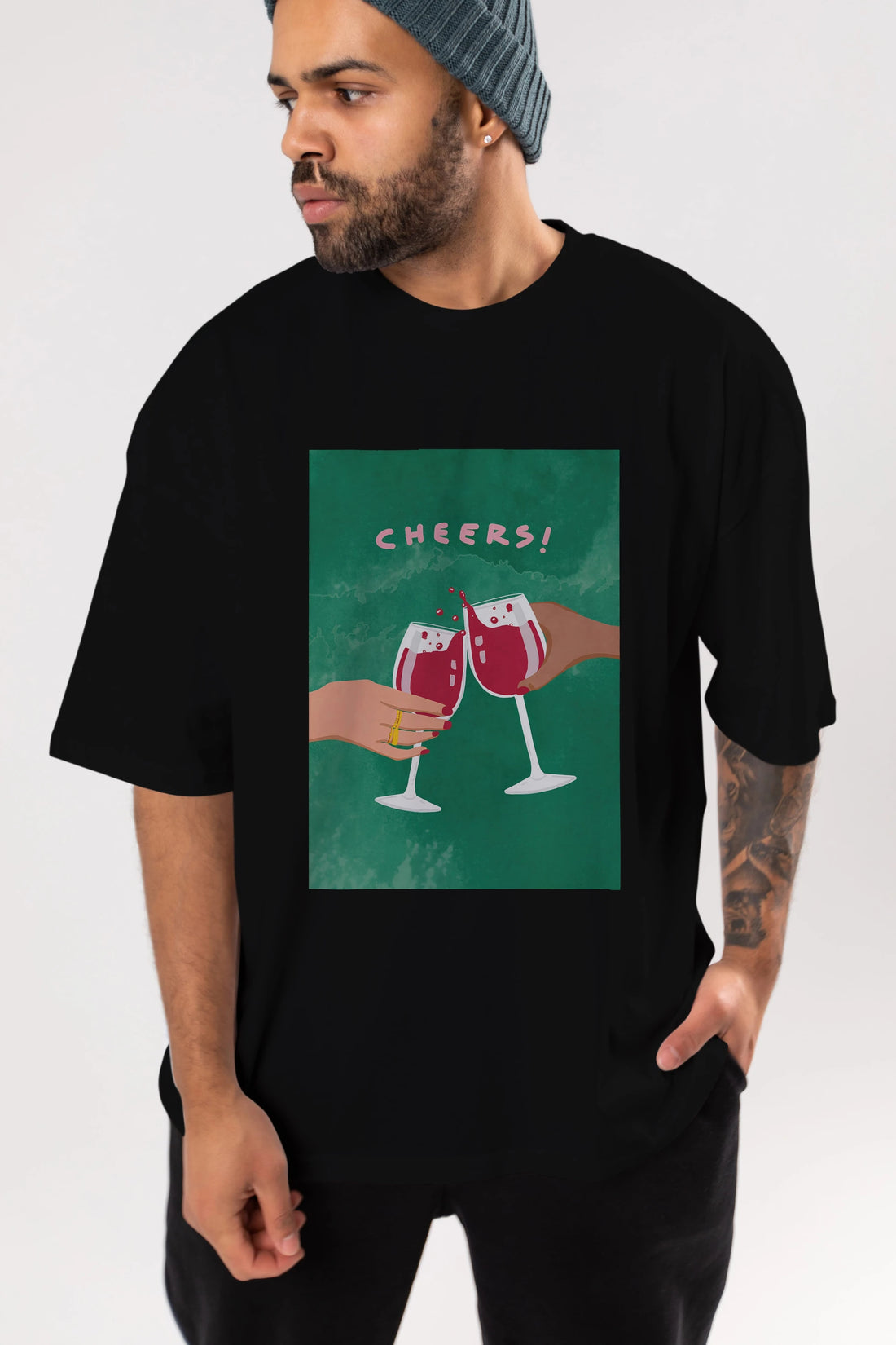 Cheers Ön Baskılı Oversize t-shirt Erkek Kadın Unisex %100 Pamuk Bisiklet Yaka tişort