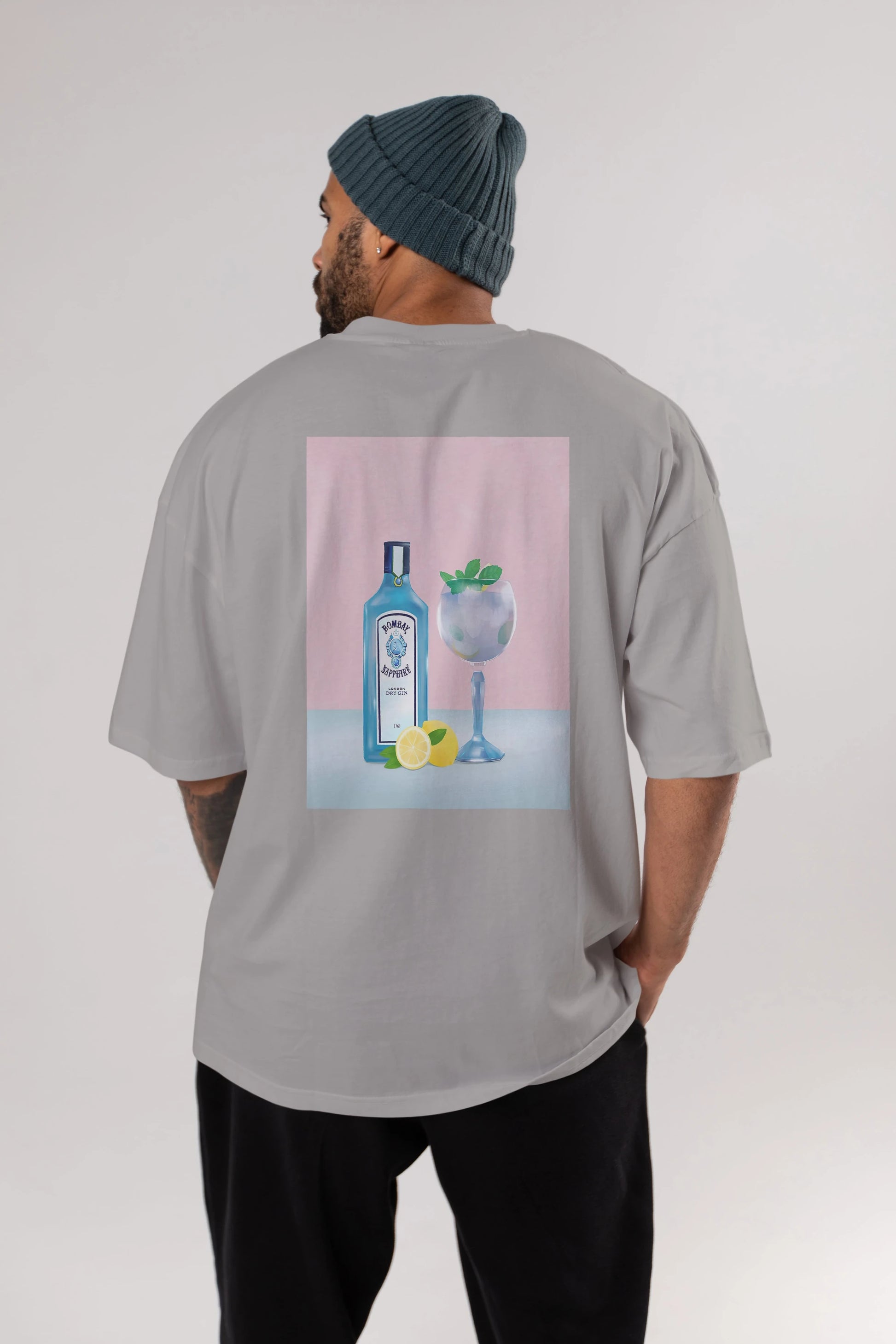 Bombay Sapphire Dry Gin Arka Baskılı Oversize t-shirt Erkek Kadın Unisex %100 Pamuk Bisiklet Yaka tişort