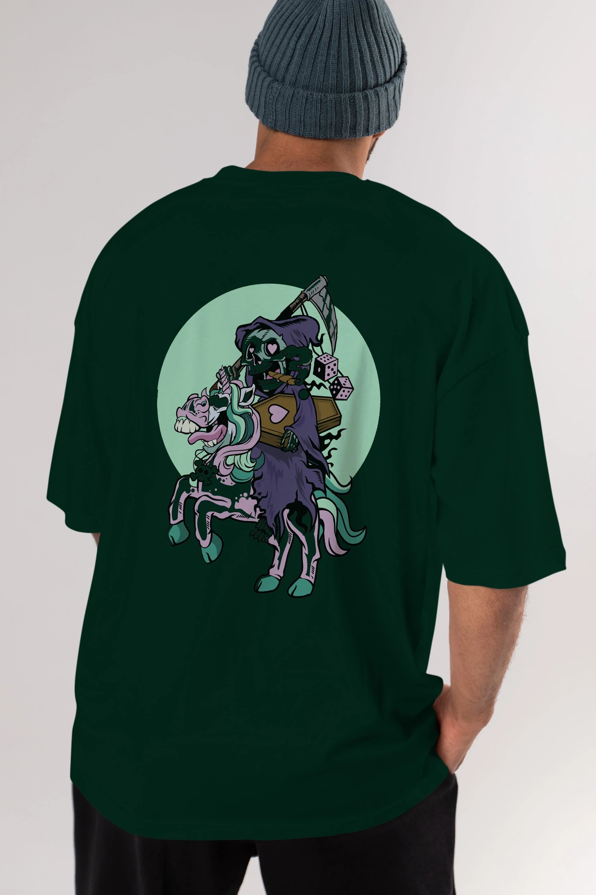 Grim Reaper Riding Unicorn Arka Baskılı Oversize t-shirt Erkek Kadın Unisex %100 Pamuk tişort