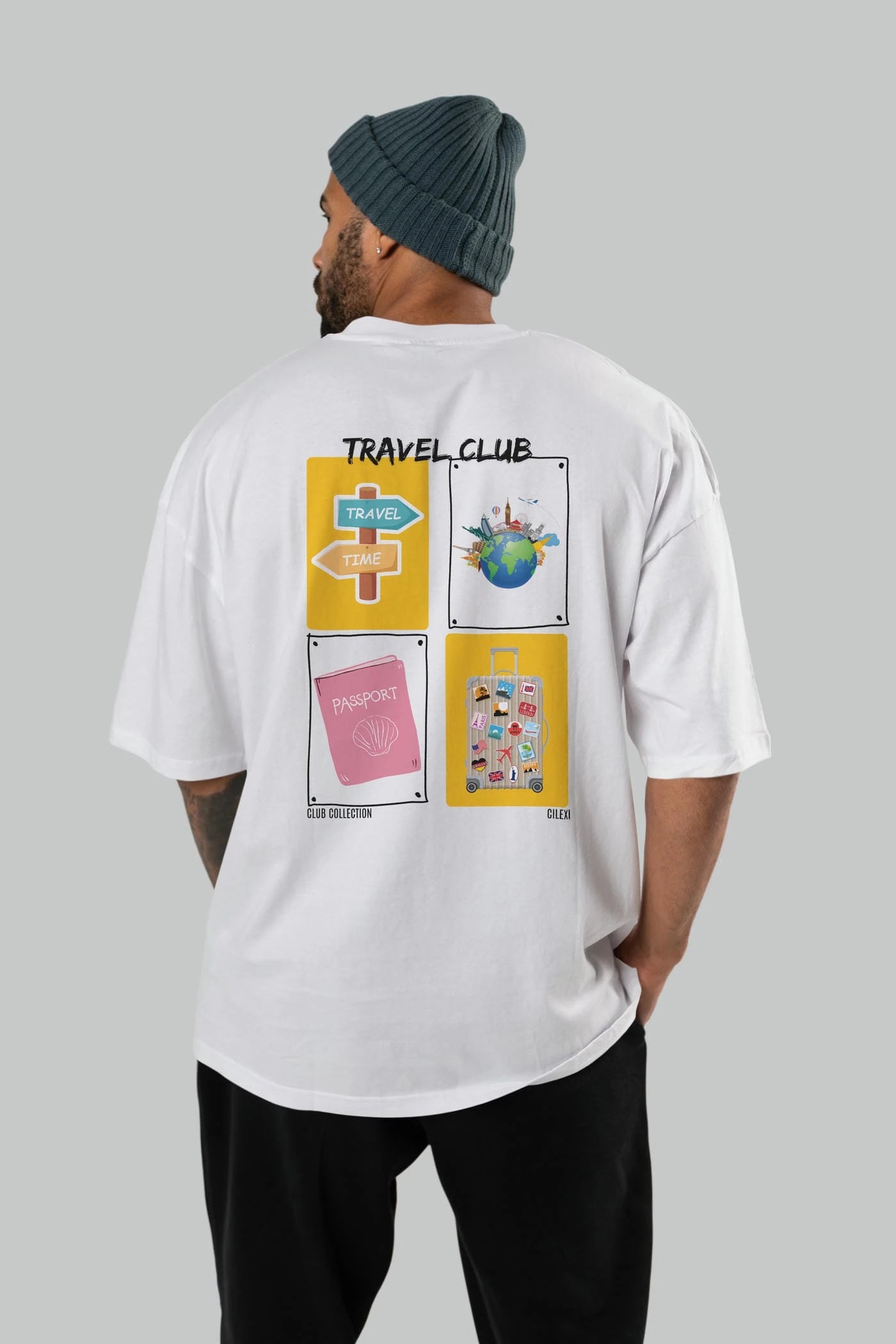 Travel Club Arka Baskılı Oversize t-shirt Erkek Kadın %100 Pamuk Bisiklet Yaka tişort