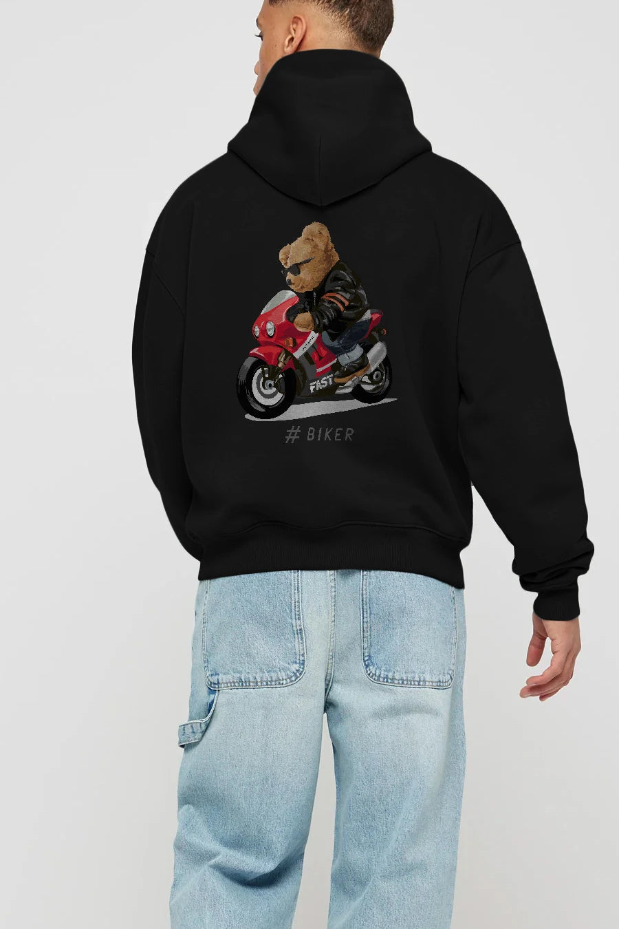 Teddy Bear Biker Arka Baskılı Hoodie Oversize Kapüşonlu Sweatshirt Erkek Kadın Unisex