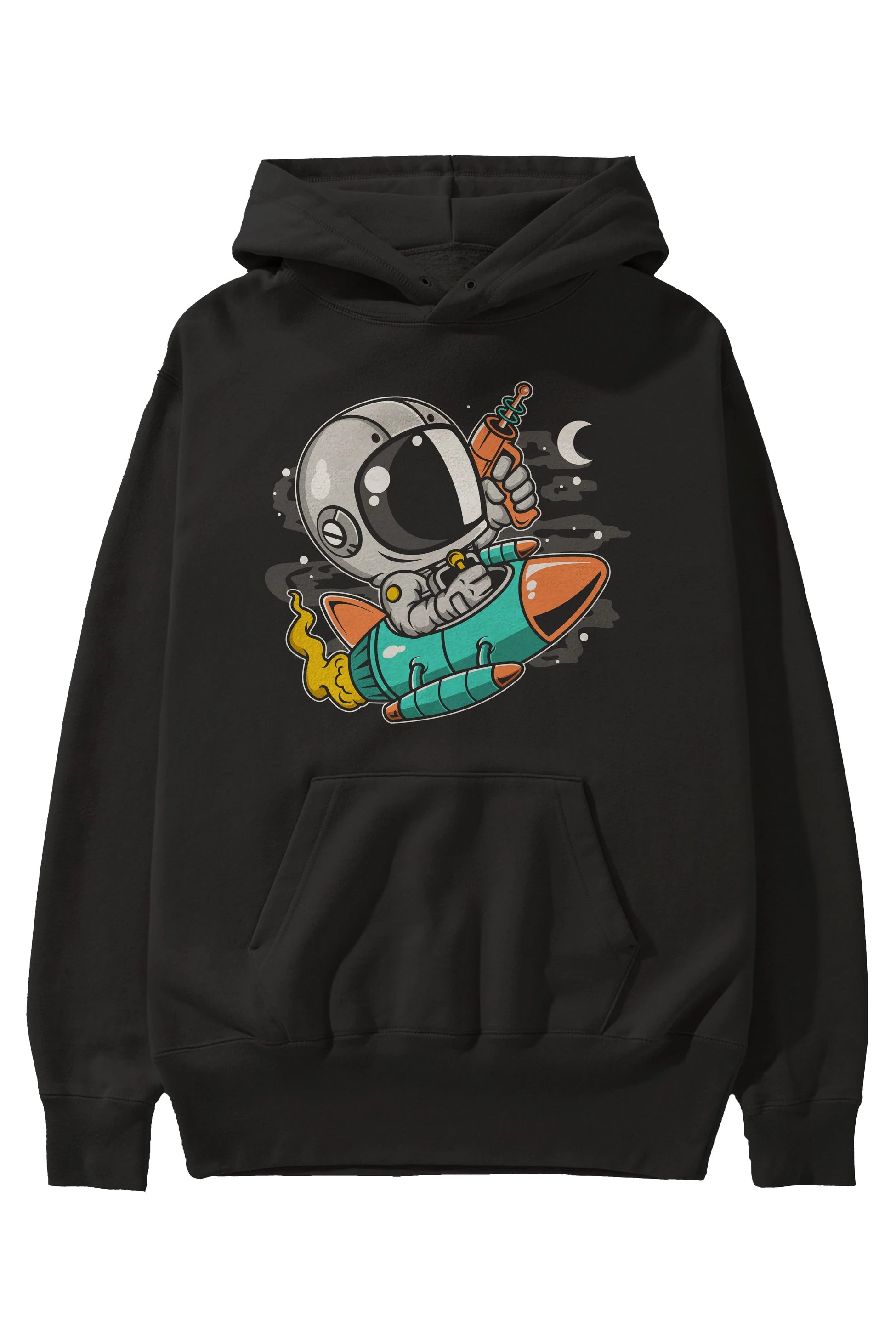 Astronaut Riding Rocket Ön Baskılı Hoodie Oversize Kapüşonlu Sweatshirt Erkek Kadın Unisex