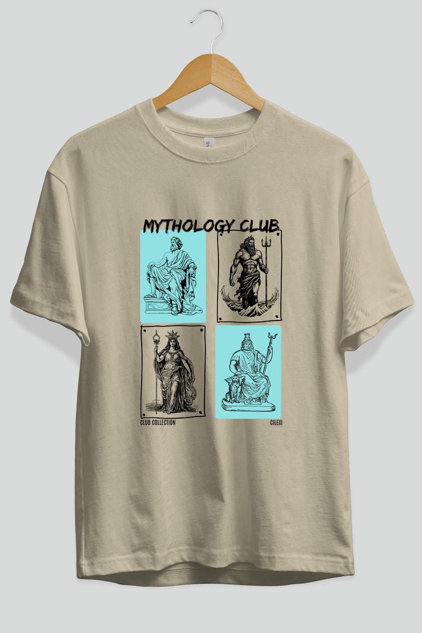 Mythology Club ön Baskılı Oversize t-shirt Erkek Kadın %100 Pamuk Bisiklet Yaka tişort