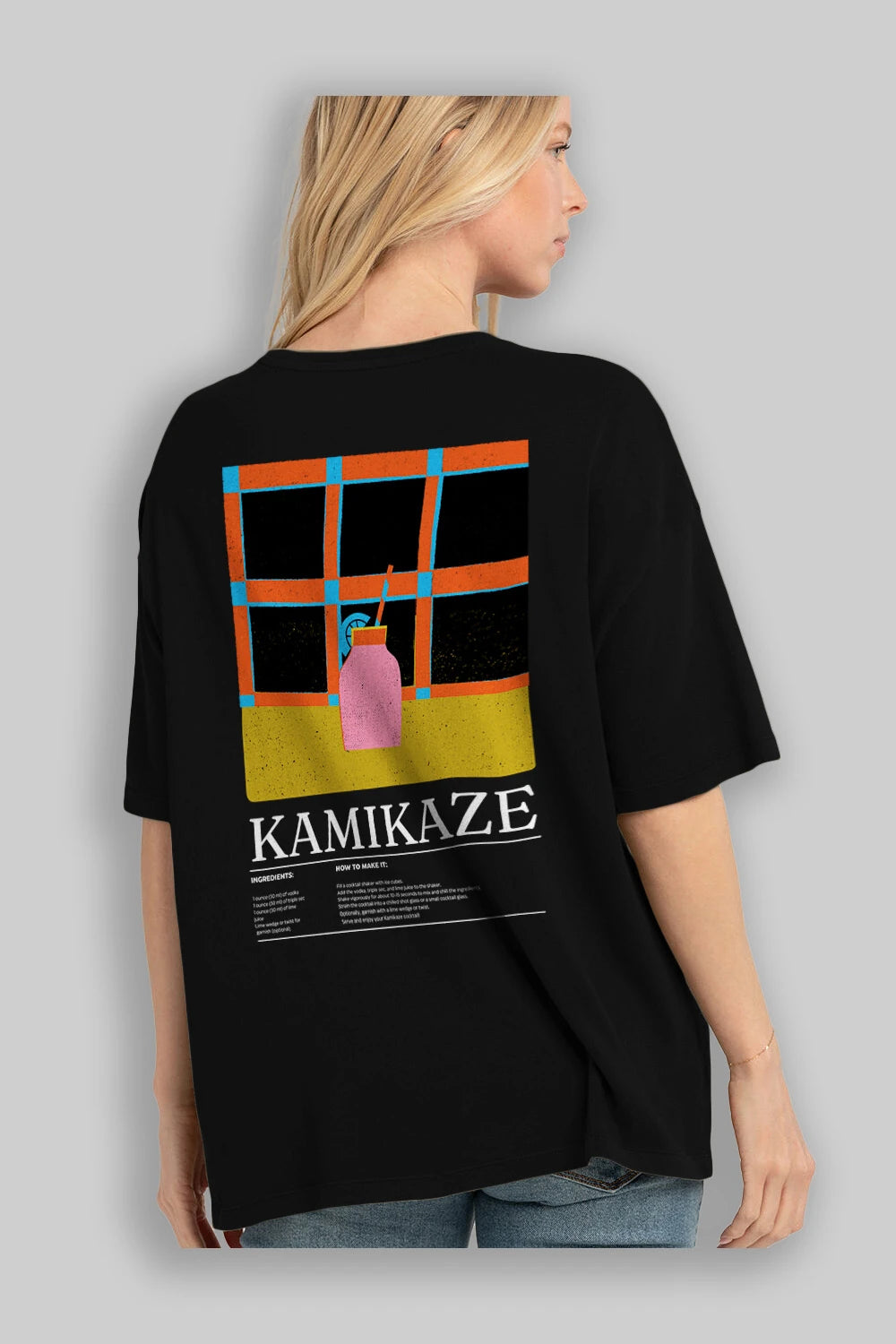 Kamikaze Kokteyl Serisi Arka Baskılı Oversize t-shirt Erkek Kadın %100 Pamuk Bisiklet Yaka tişort
