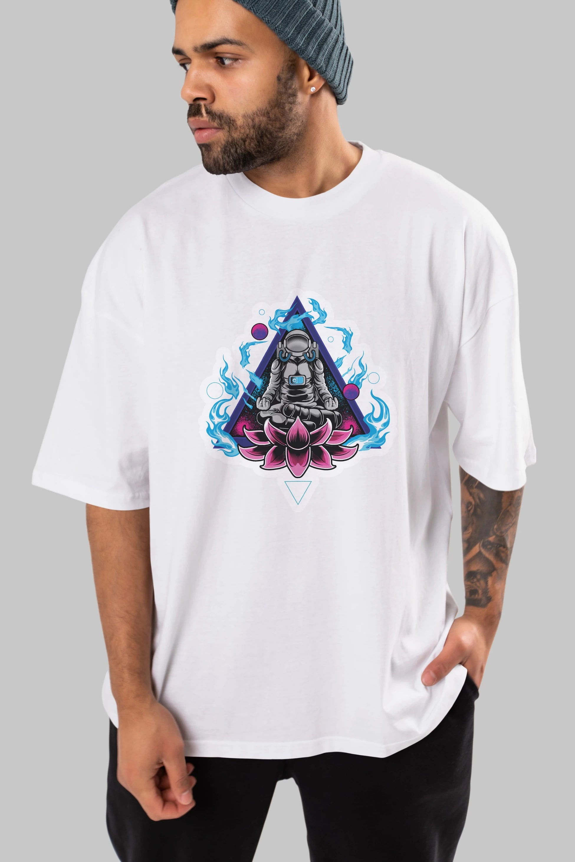 Astronaut Meditation Sticker Ön Baskılı Oversize t-shirt Erkek Kadın Unisex