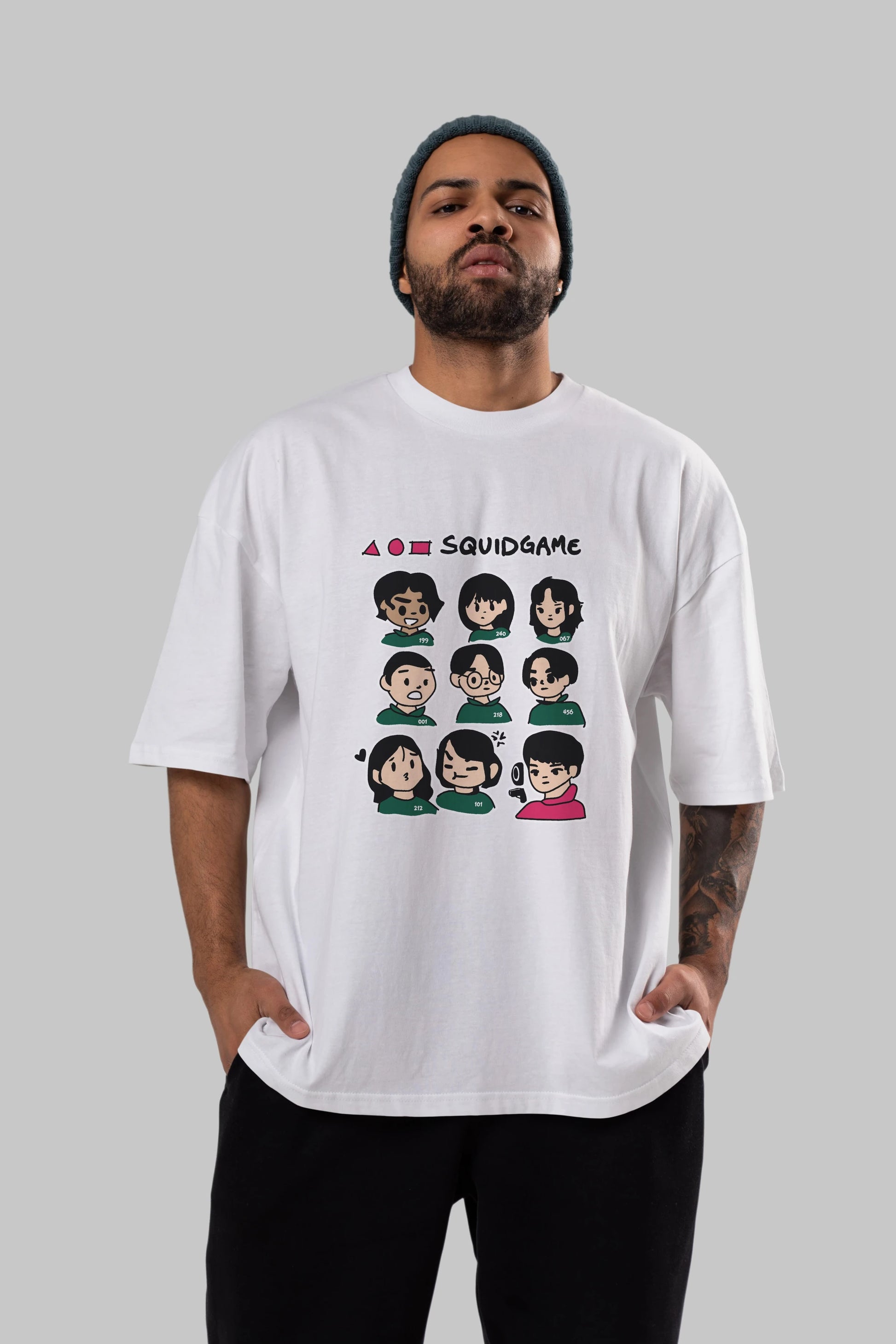 Squid Game (3) Ön Baskılı Oversize t-shirt Erkek Kadın Unisex %100 Pamuk Bisiklet Yaka tişort