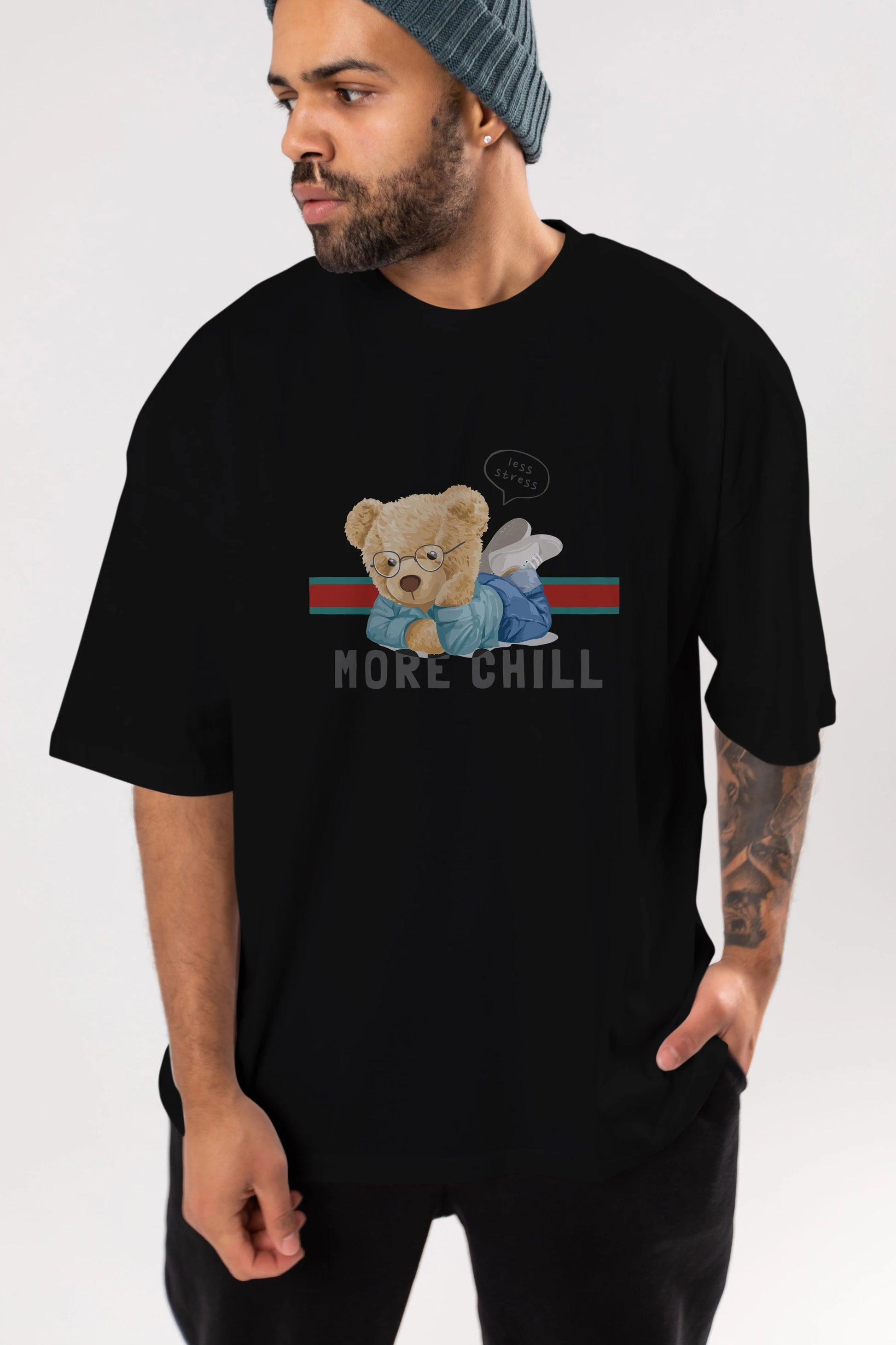 Teddy Bear More Chill Ön Baskılı Oversize t-shirt Erkek Kadın Unisex %100 Pamuk