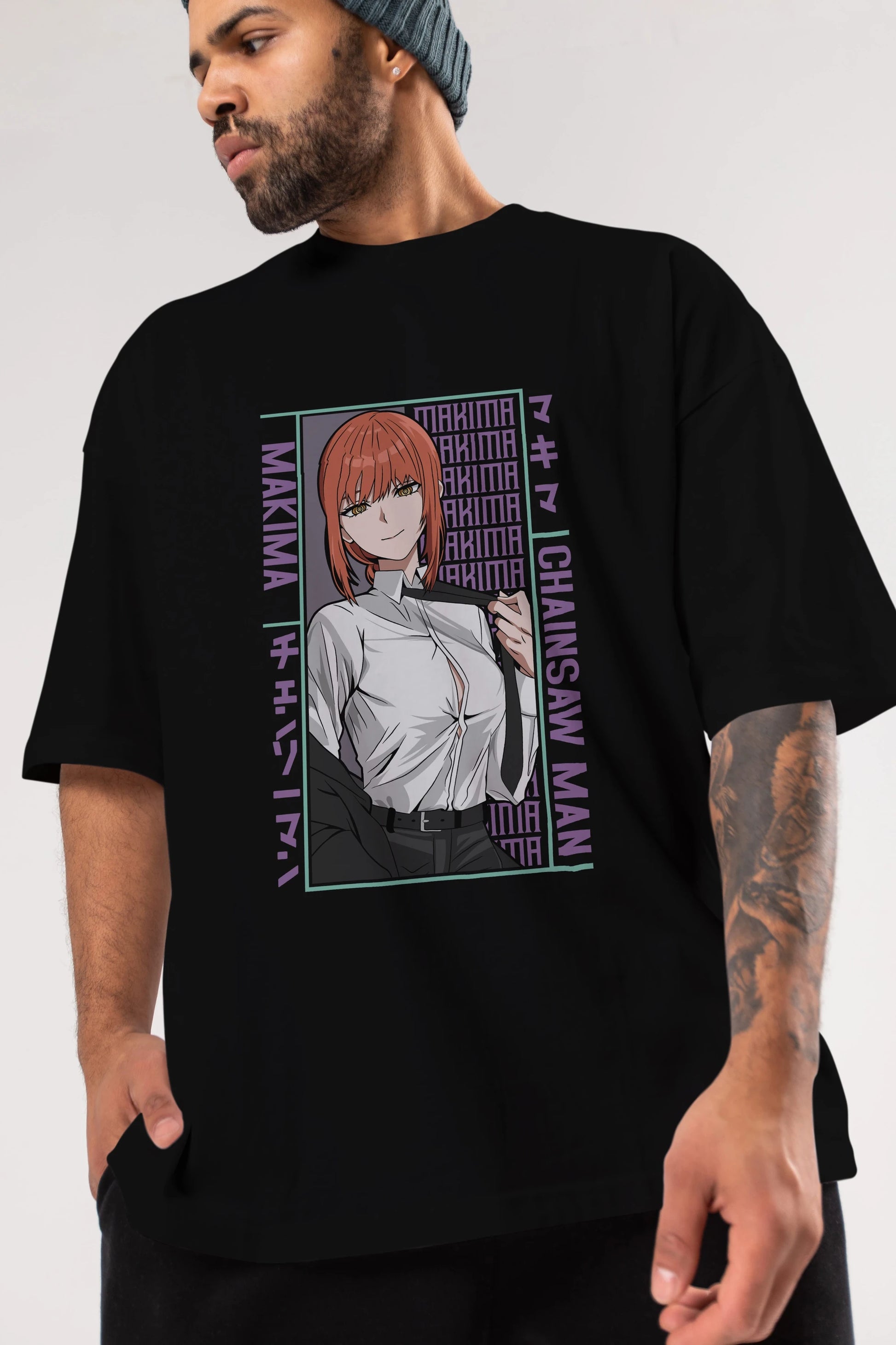 Makima Chain Saw Man Anime Ön Baskılı Oversize t-shirt %100 pamuk Erkek Kadın Unisex