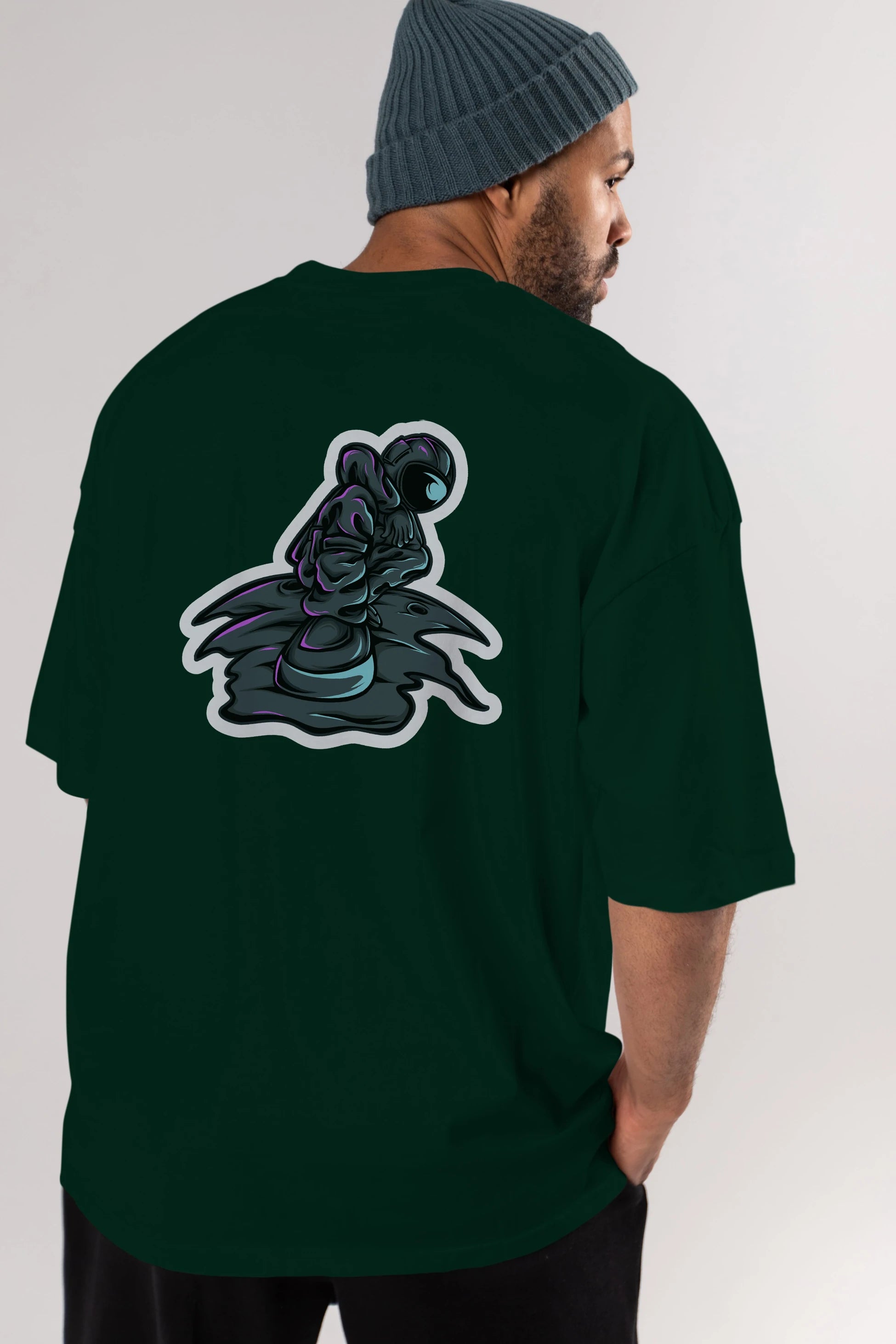 Stylish Astronaut Sticker Arka Baskılı Oversize t-shirt Erkek Kadın Unisex