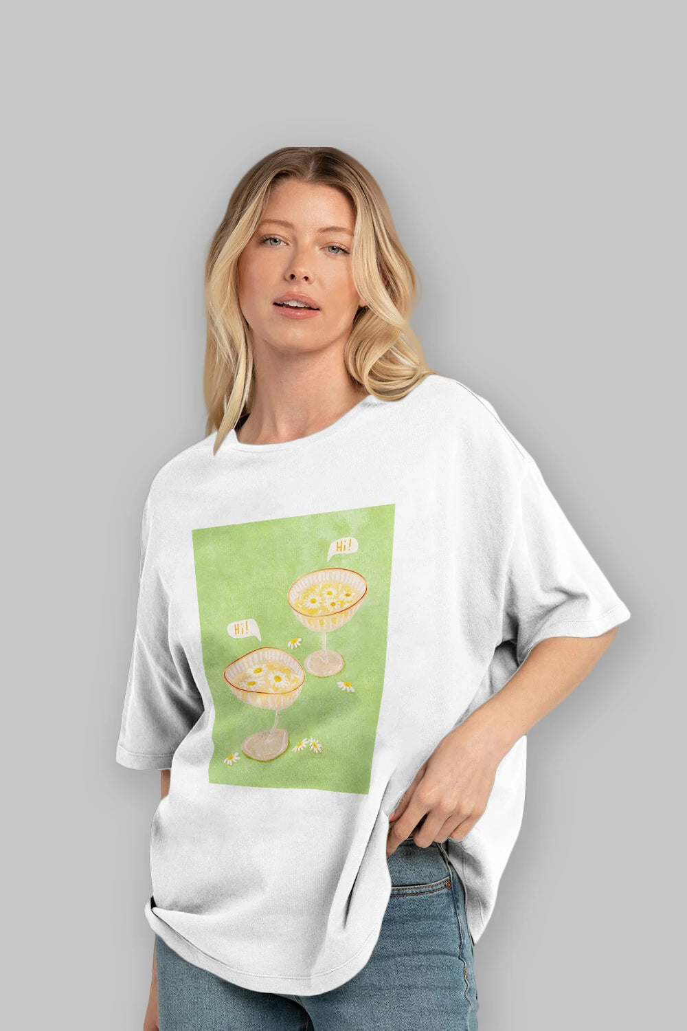 Hi Cheers Ön Baskılı Oversize t-shirt Erkek Kadın Unisex %100 Pamuk Bisiklet Yaka tişort