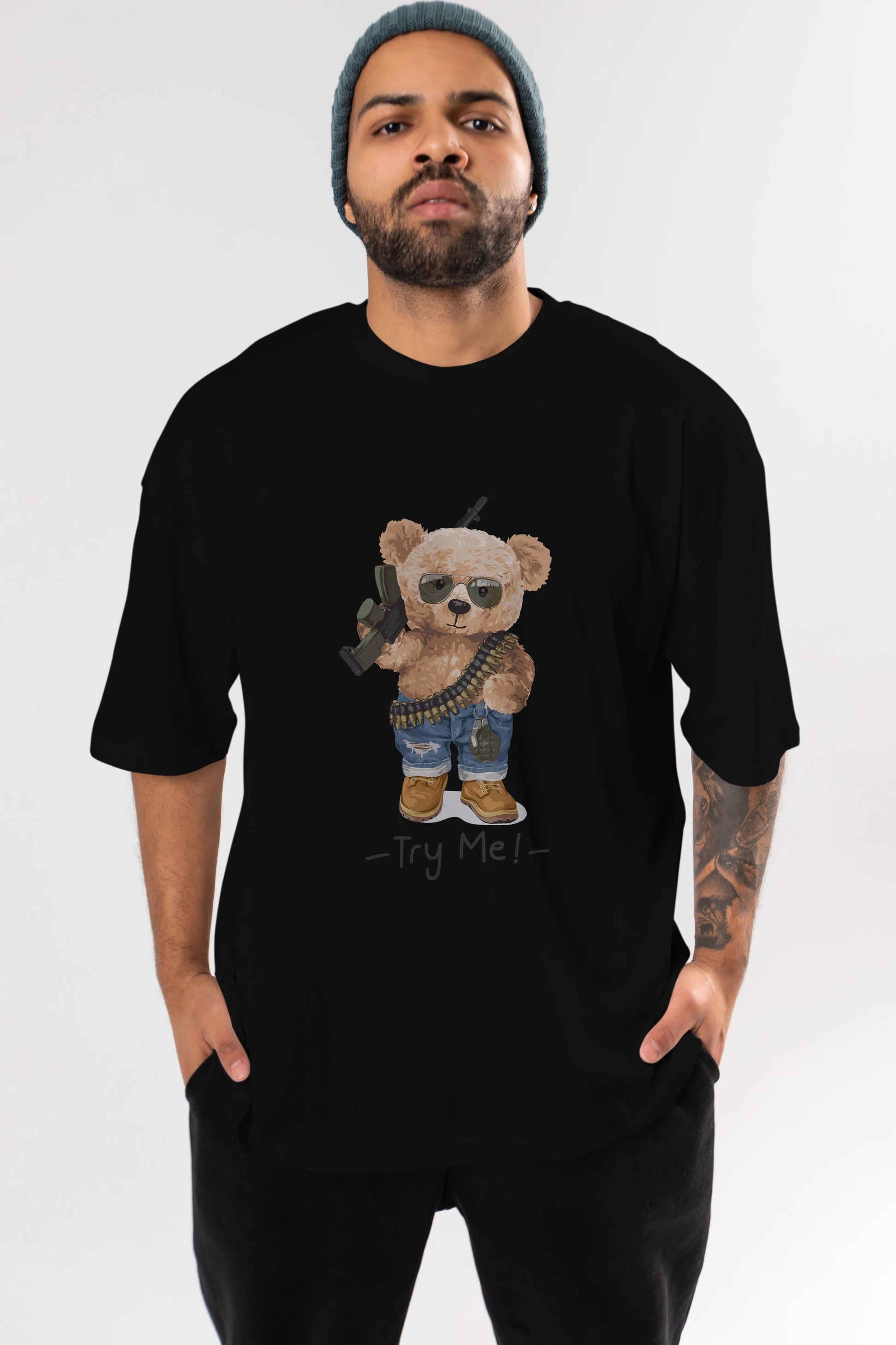 Teddy Bear Try Me Ön Baskılı Oversize t-shirt Erkek Kadın Unisex %100 Pamuk