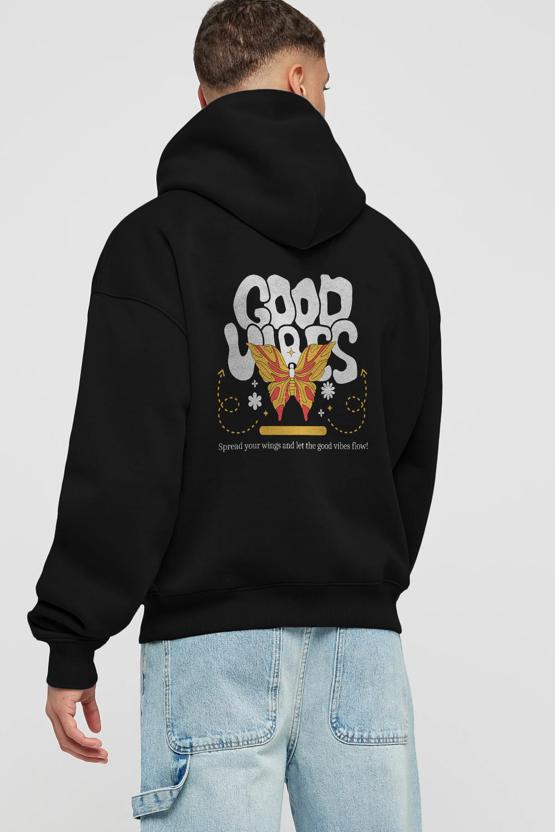 Good Vibes Yazılı 4 Arka Baskılı Oversize Hoodie Kapüşonlu Sweatshirt Erkek Kadın Unisex