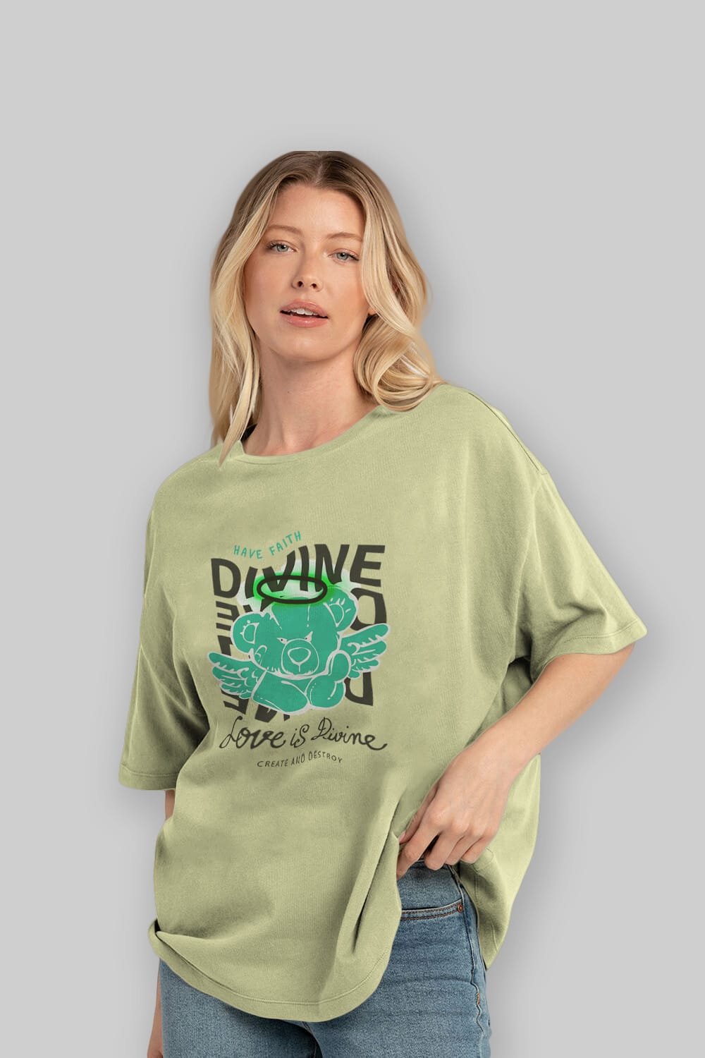Love is Divine Bear Ön Baskılı Oversize t-shirt Erkek Kadın Unisex