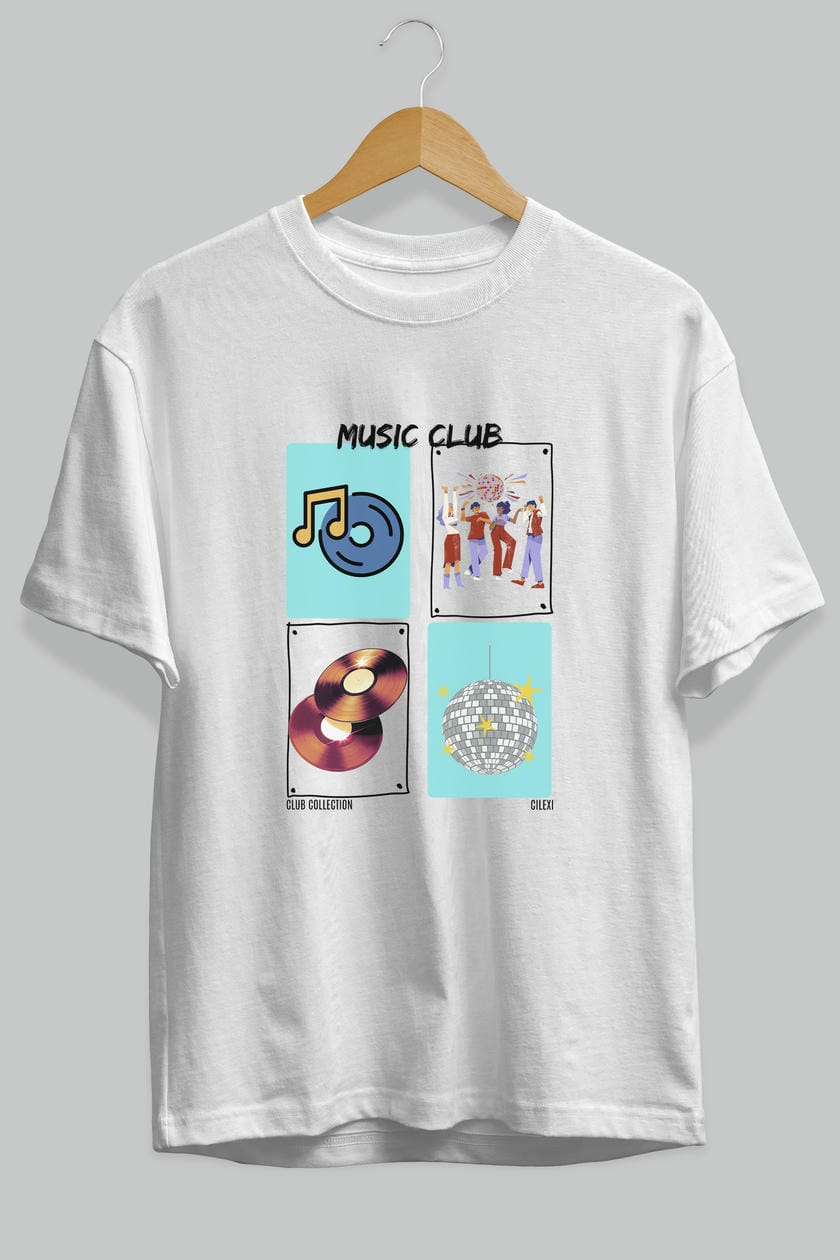 Music Club ön Baskılı Oversize t-shirt Erkek Kadın %100 Pamuk Bisiklet Yaka tişort