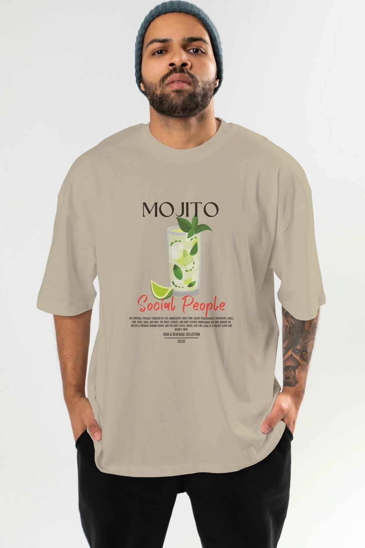Mojıto Kokteyl Serisi ön Baskılı Oversize t-shirt Erkek Kadın %100 Pamuk Bisiklet Yaka tişort