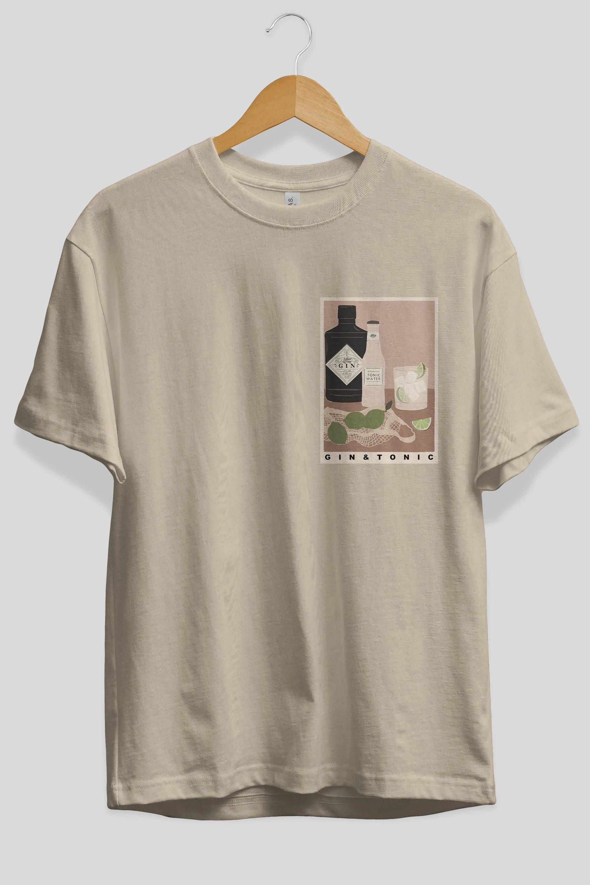 Gin Tonic Ön Sol Baskılı Oversize t-shirt Erkek Kadın Unisex %100 Pamuk Bisiklet Yaka tişort