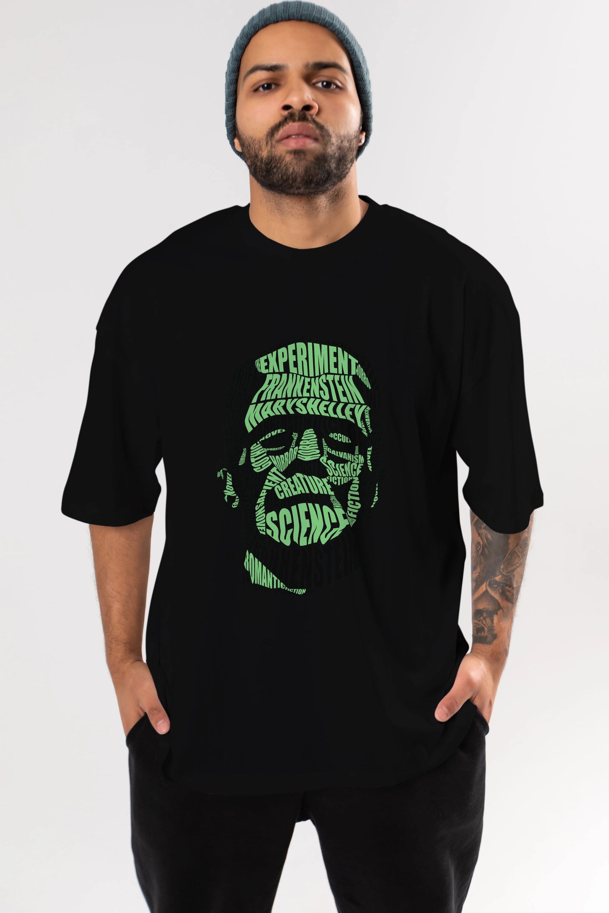 Frankenstein Calligram Ön Baskılı Oversize t-shirt %100 pamuk Erkek Kadın Unisex