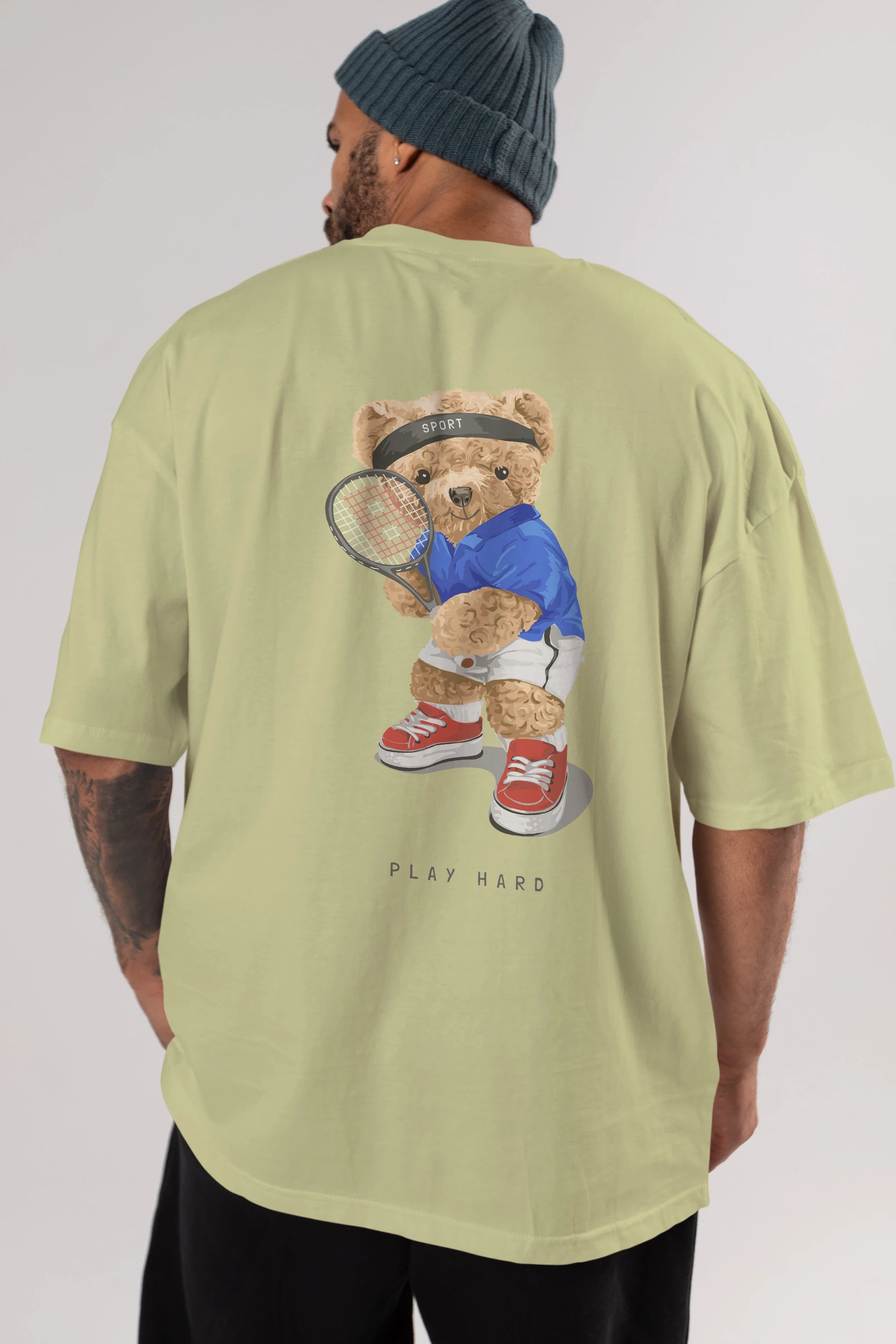 Teddy Bear Play Hard Arka Baskılı Oversize t-shirt Erkek Kadın Unisex %100 Pamuk
