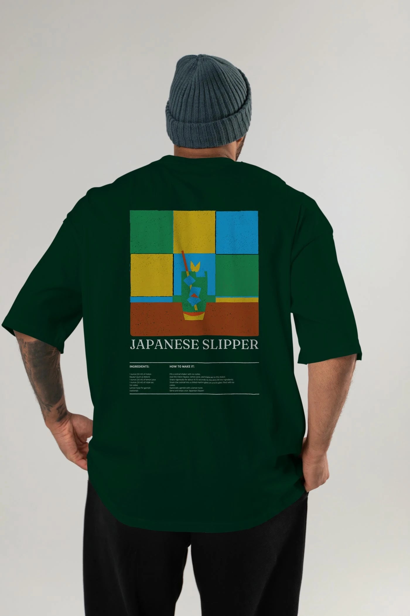 Japanese Slipper Kokteyl Serisi Arka Baskılı Oversize t-shirt Erkek Kadın %100 Pamuk Bisiklet Yaka tişort