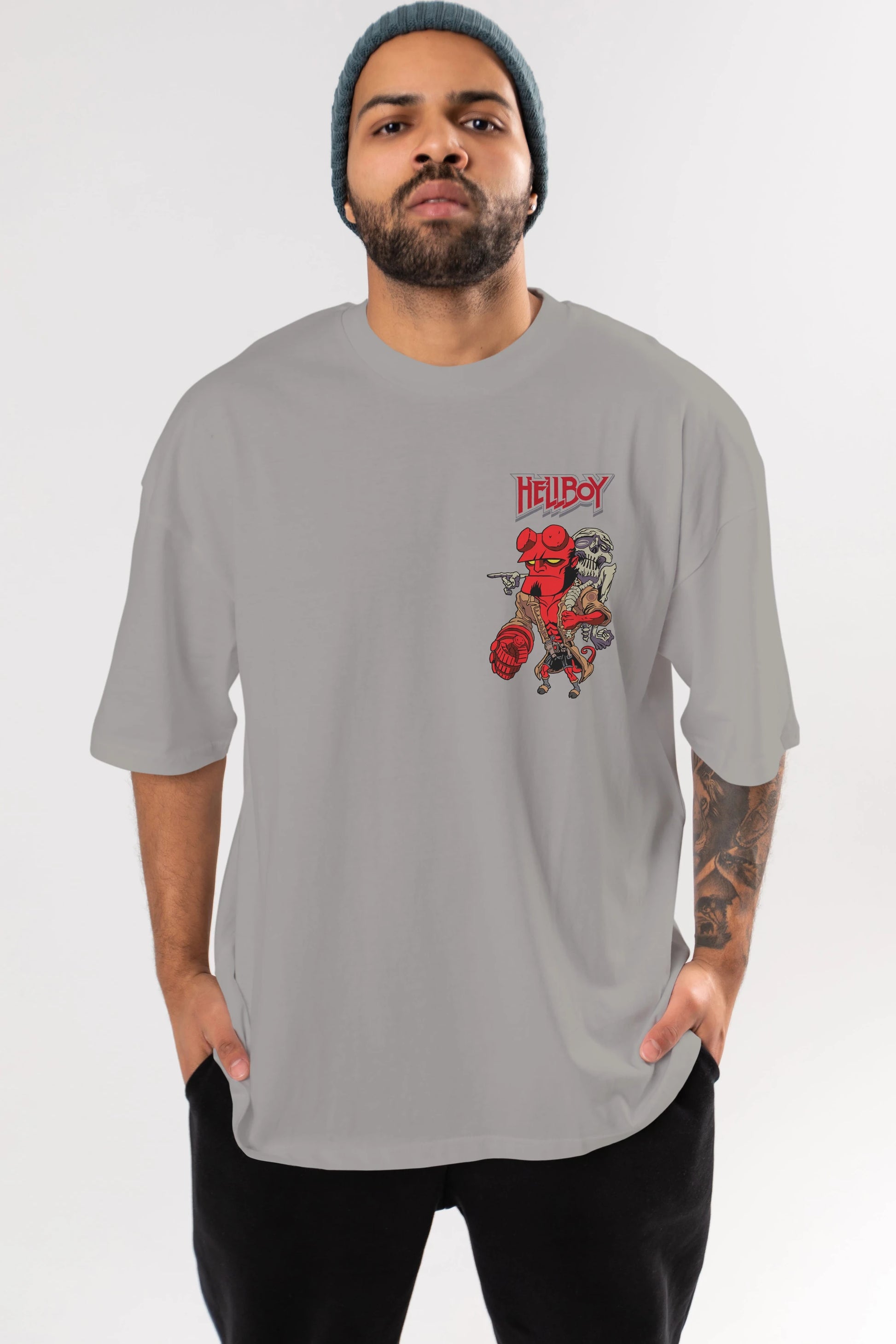 Hellboy (2) Ön Sol Baskılı Oversize t-shirt Erkek Kadın Unisex %100 Pamuk Bisiklet Yaka tişort