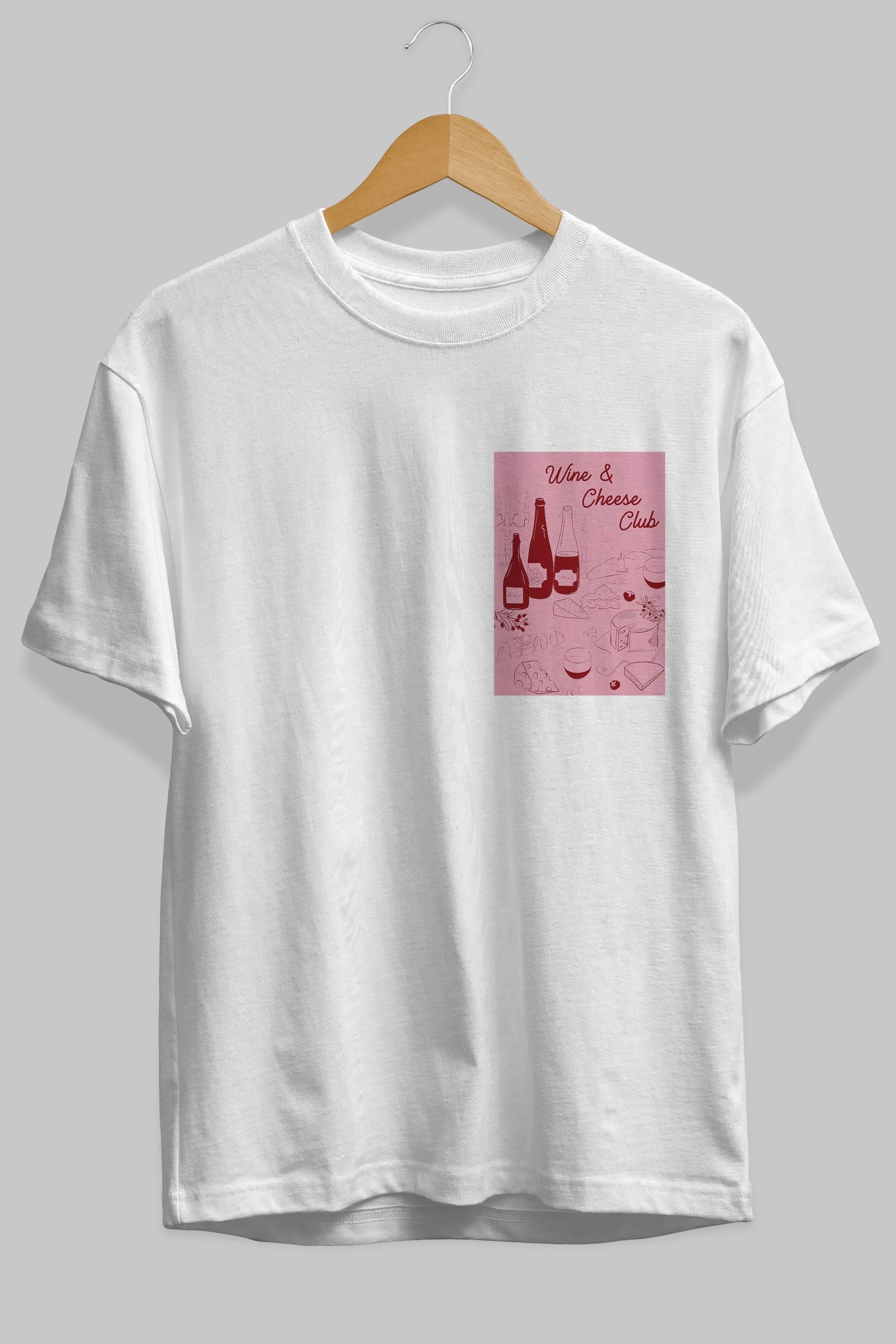 Wine Cheese Club Ön Sol Baskılı Oversize t-shirt Erkek Kadın Unisex %100 Pamuk Bisiklet Yaka tişort