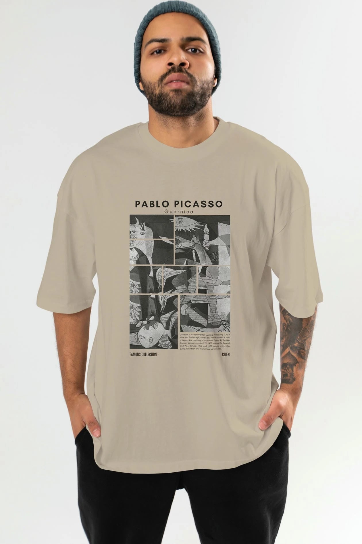 Pablo Picasso Guernica ön Baskılı Oversize t-shirt Erkek Kadın Bisiklet Yaka Pamuk tişort