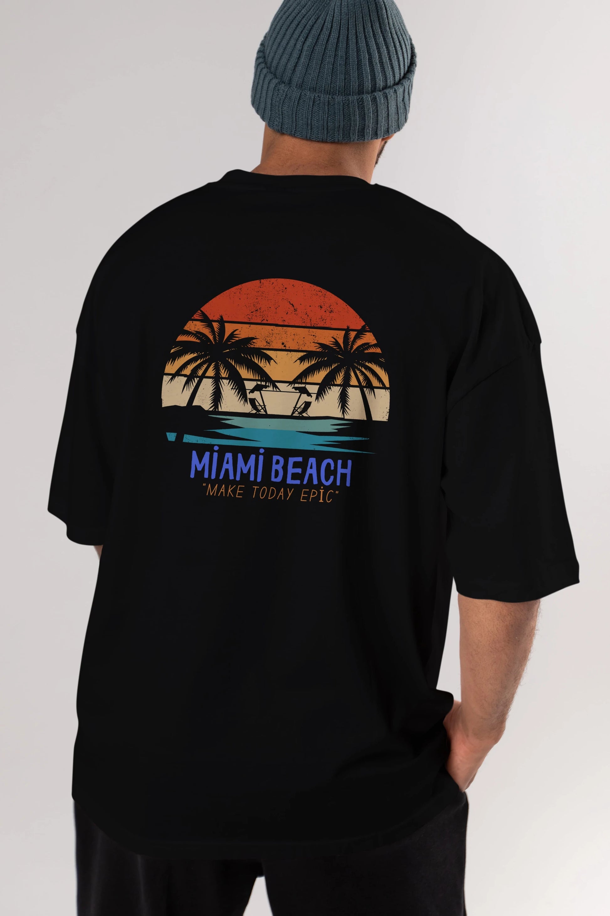Miami Beach Yazılı Arka Baskılı Oversize t-shirt Erkek Kadın Unisex