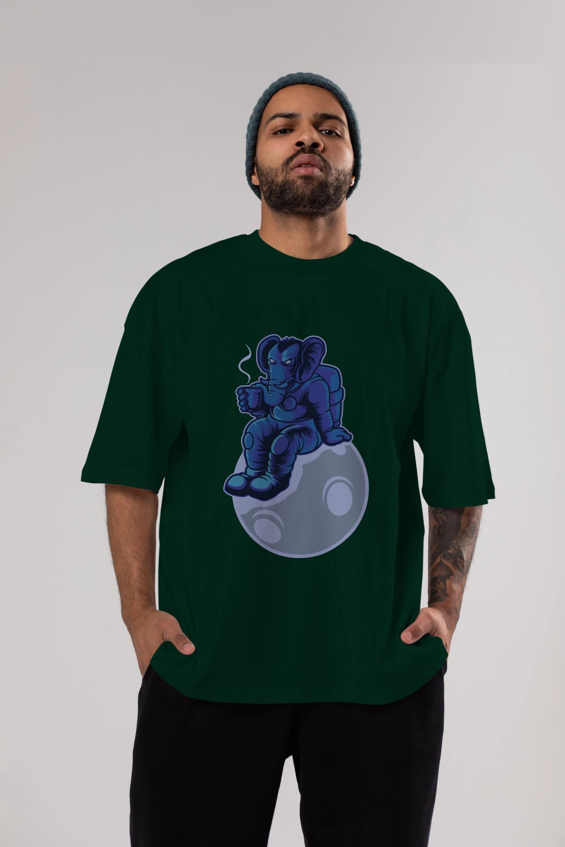 Space Elephant Drink Coffee Ön Baskılı Oversize t-shirt Erkek Kadın Unisex