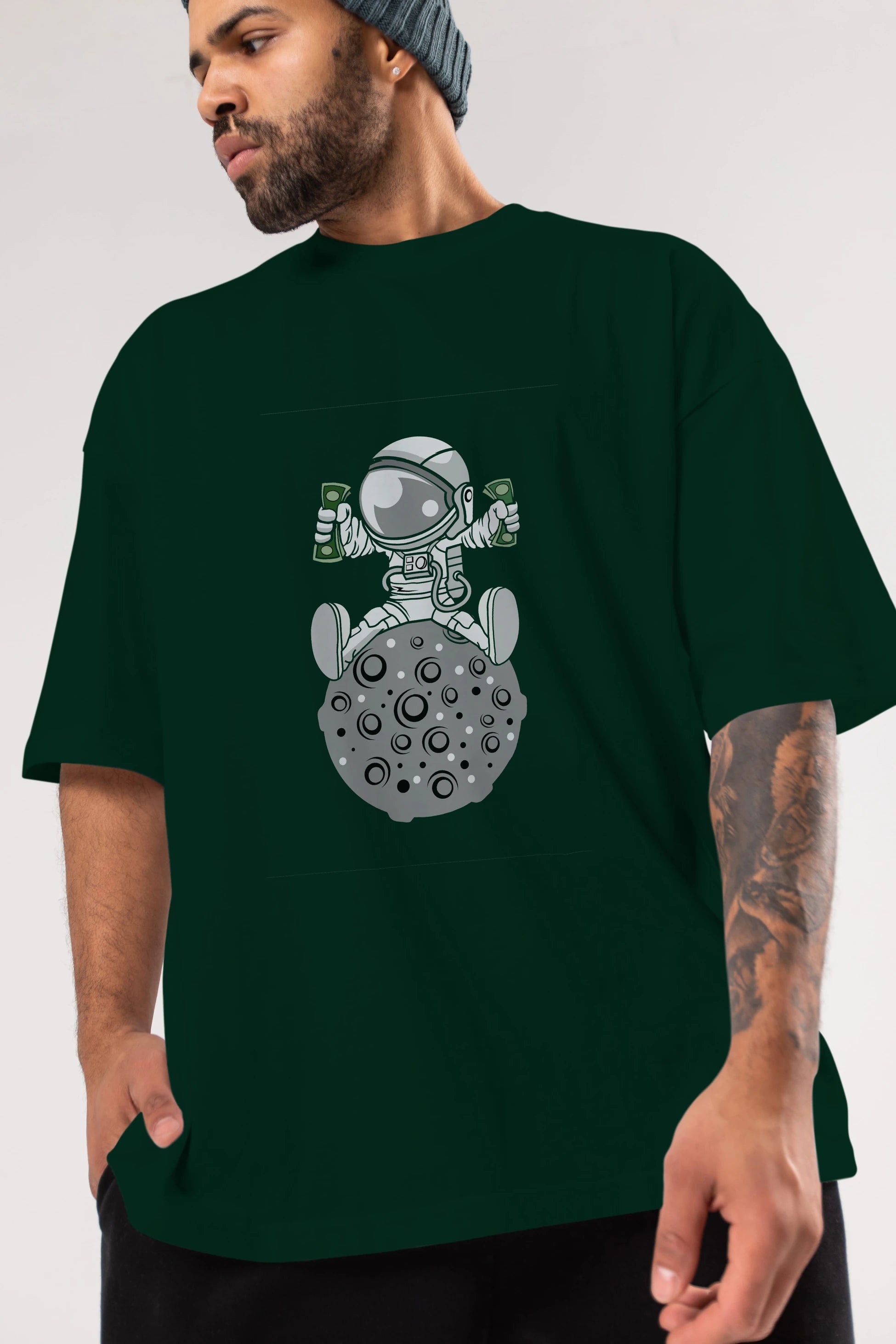 Astronaut Dollar Ön Baskılı Oversize t-shirt Erkek Kadın Unisex %100 Pamuk tişort