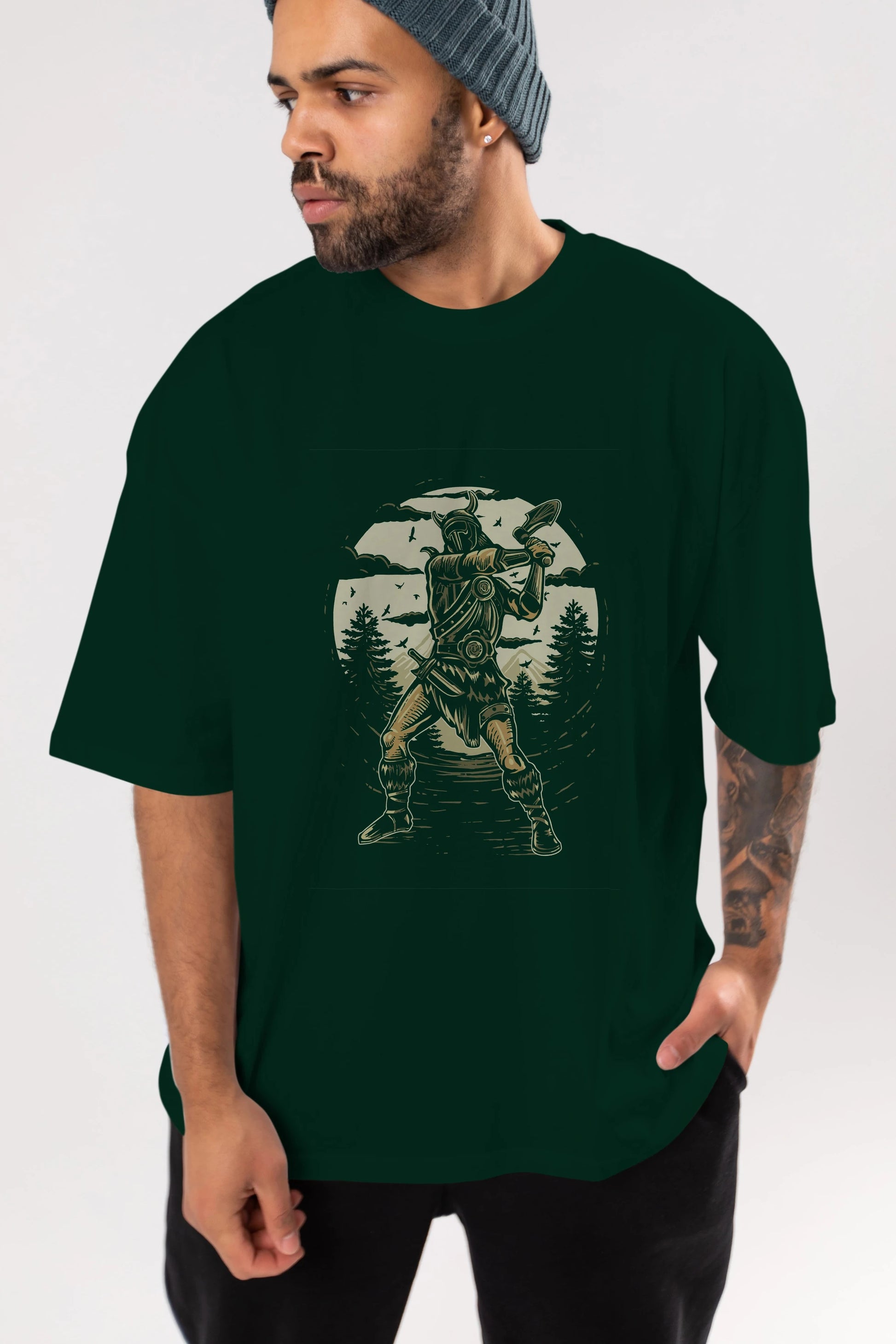 Viking Ön Baskılı Oversize t-shirt Erkek Kadın Unisex %100 Pamuk tişort