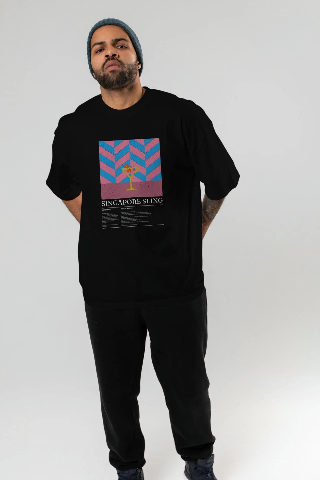 Sıngapore Sling Kokteyl Ön Baskılı Oversize t-shirt Erkek Kadın %100 Pamuk Bisiklet Yaka tişort