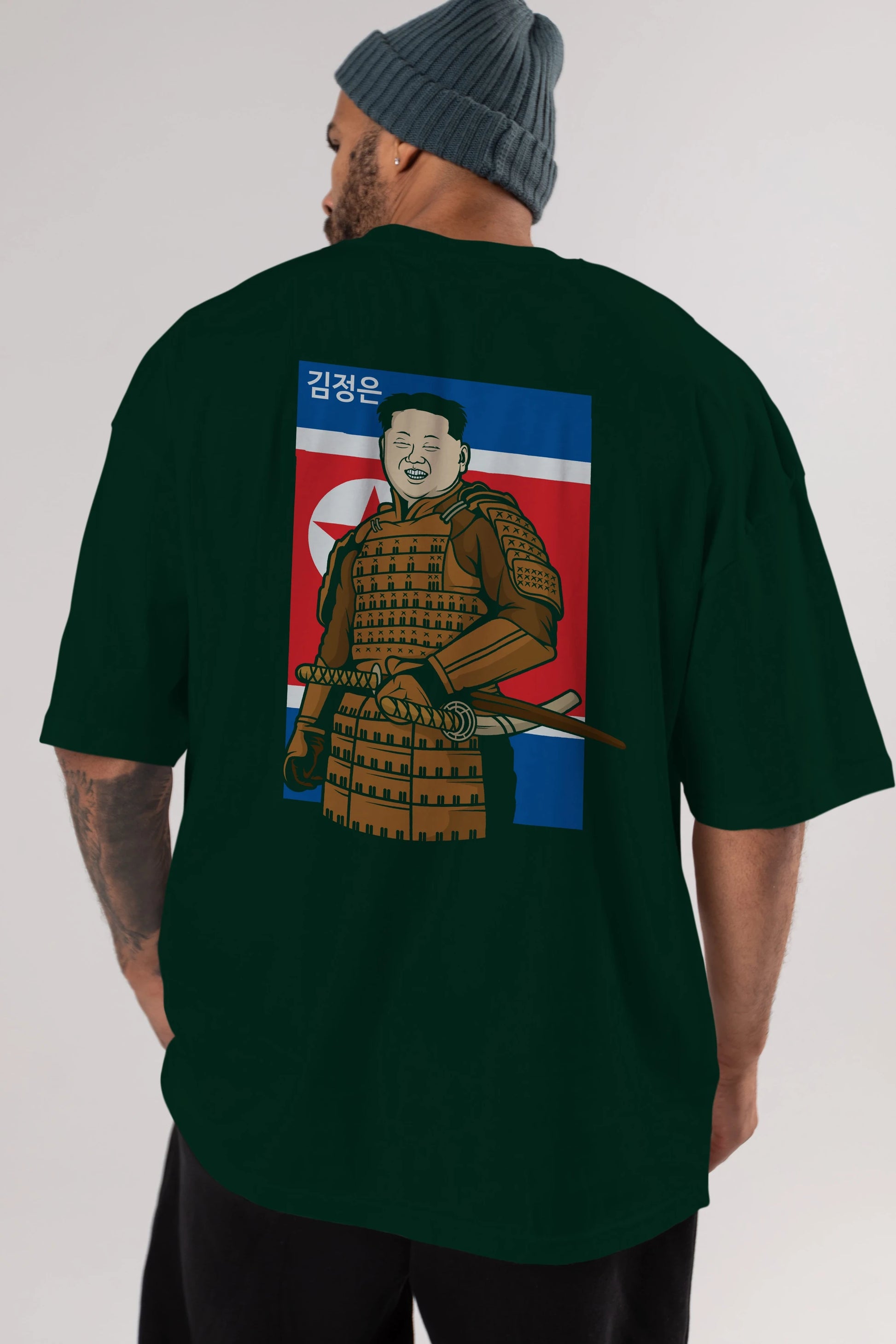 Samurai Jong Un Arka Baskılı Oversize t-shirt Erkek Kadın Unisex %100 Pamuk tişort