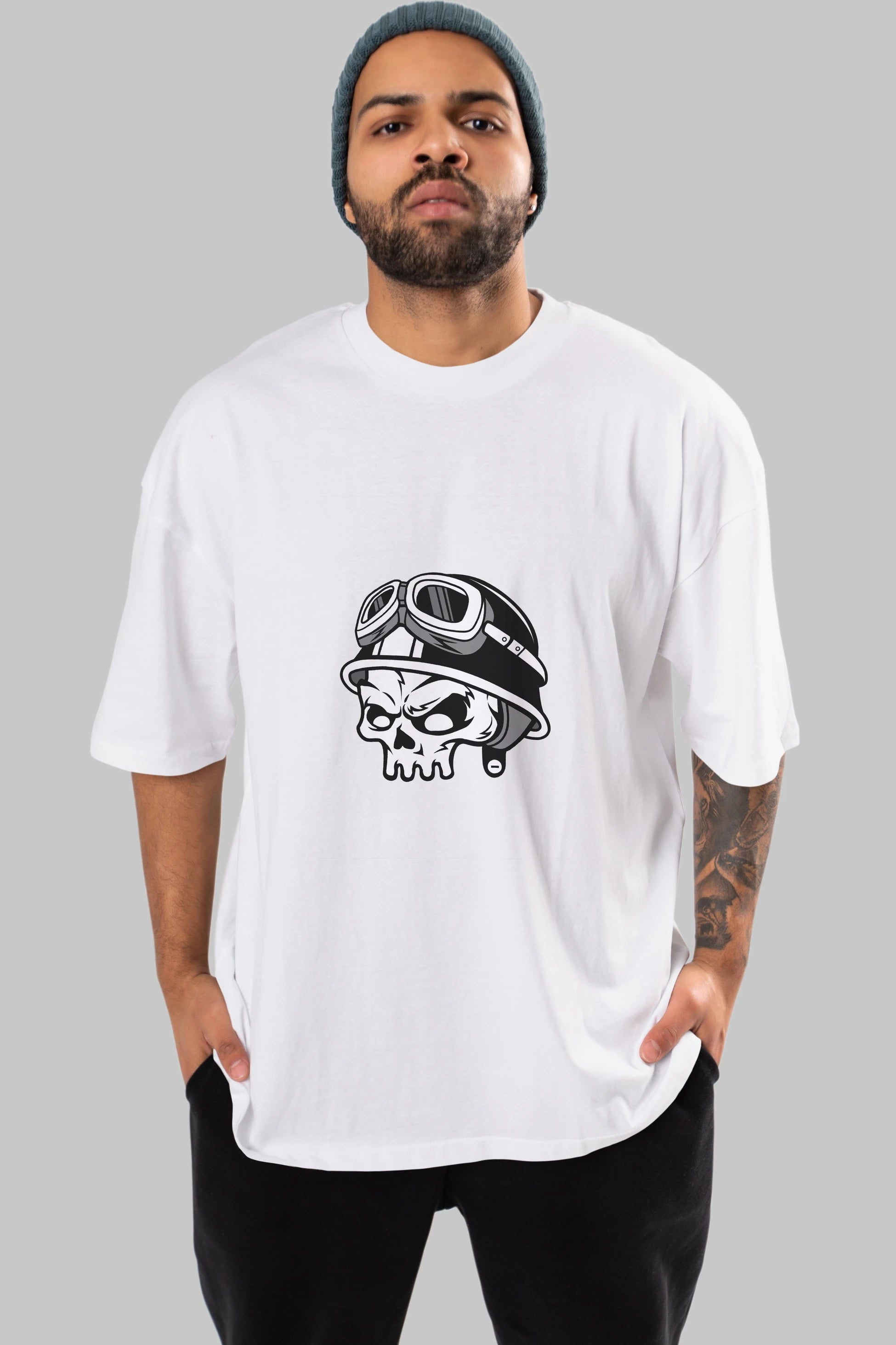 Biker Helmet Ön Baskılı Oversize t-shirt Erkek Kadın Unisex %100 Pamuk tişort