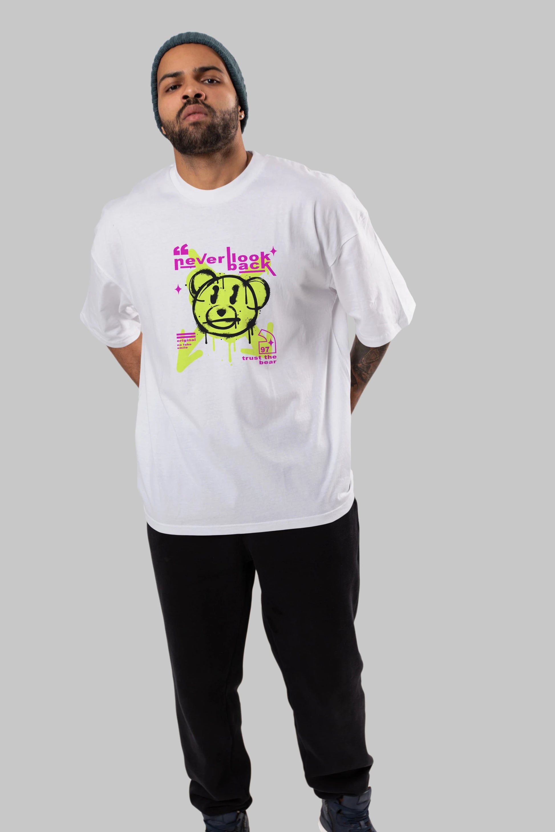 Never Look Back Bear Ön Baskılı Oversize t-shirt Erkek Kadın Unisex