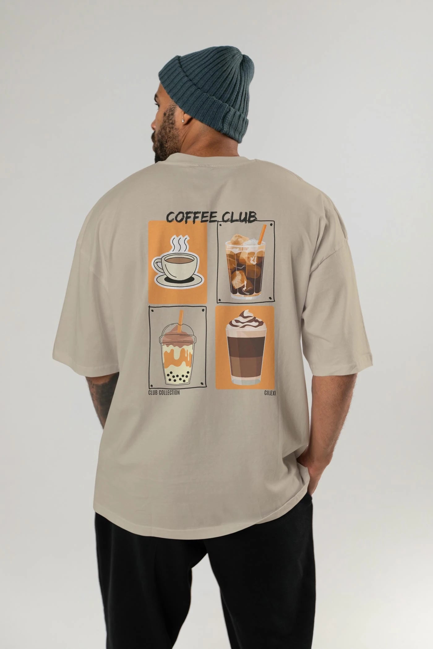 Coffee Club Arka Baskılı Oversize t-shirt Erkek Kadın %100 Pamuk Bisiklet Yaka tişort